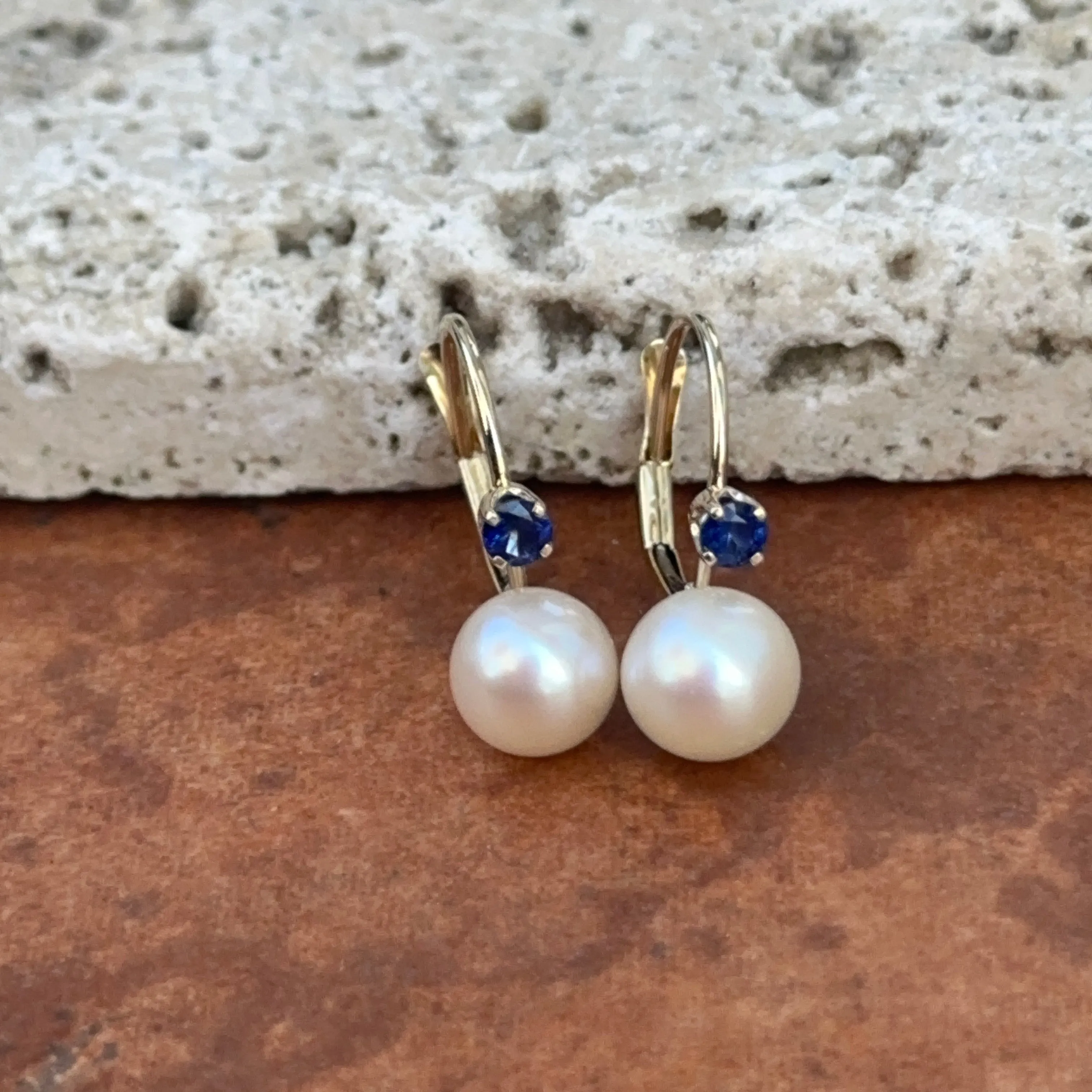 14KT Yellow Gold Blue Sapphire   Freshwater Pearl Lever Back Earrings