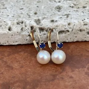 14KT Yellow Gold Blue Sapphire   Freshwater Pearl Lever Back Earrings