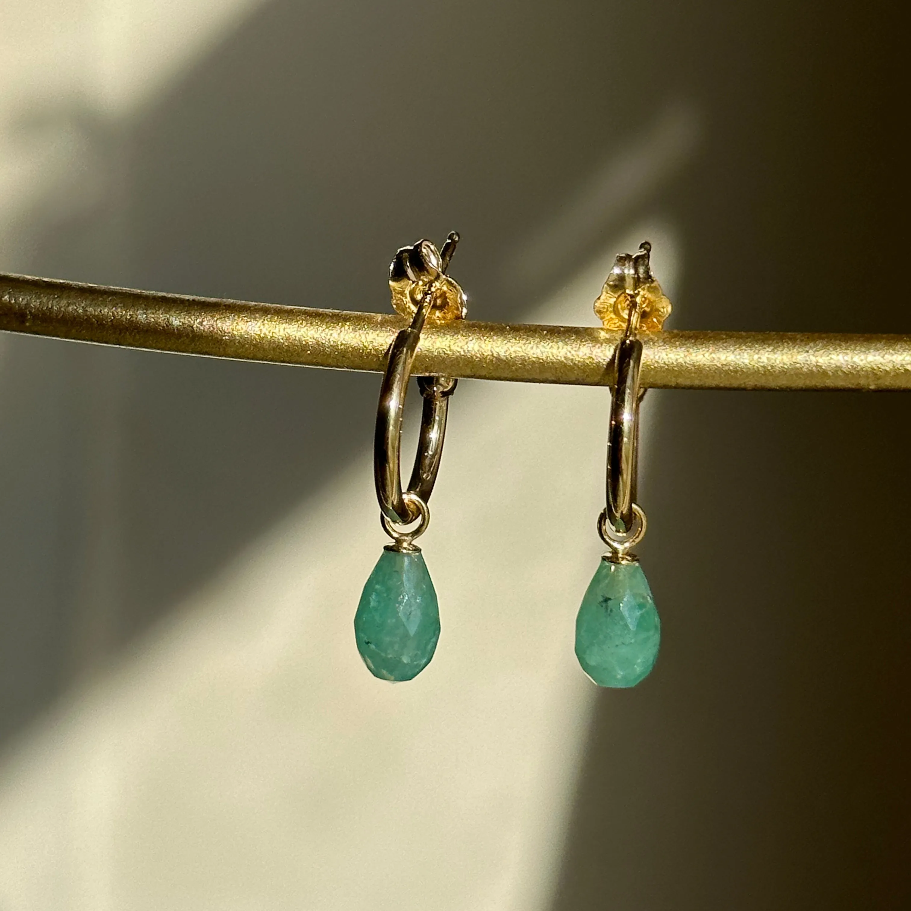 14KT Yellow Gold Teardrop Emerald Charm Hoop Earrings