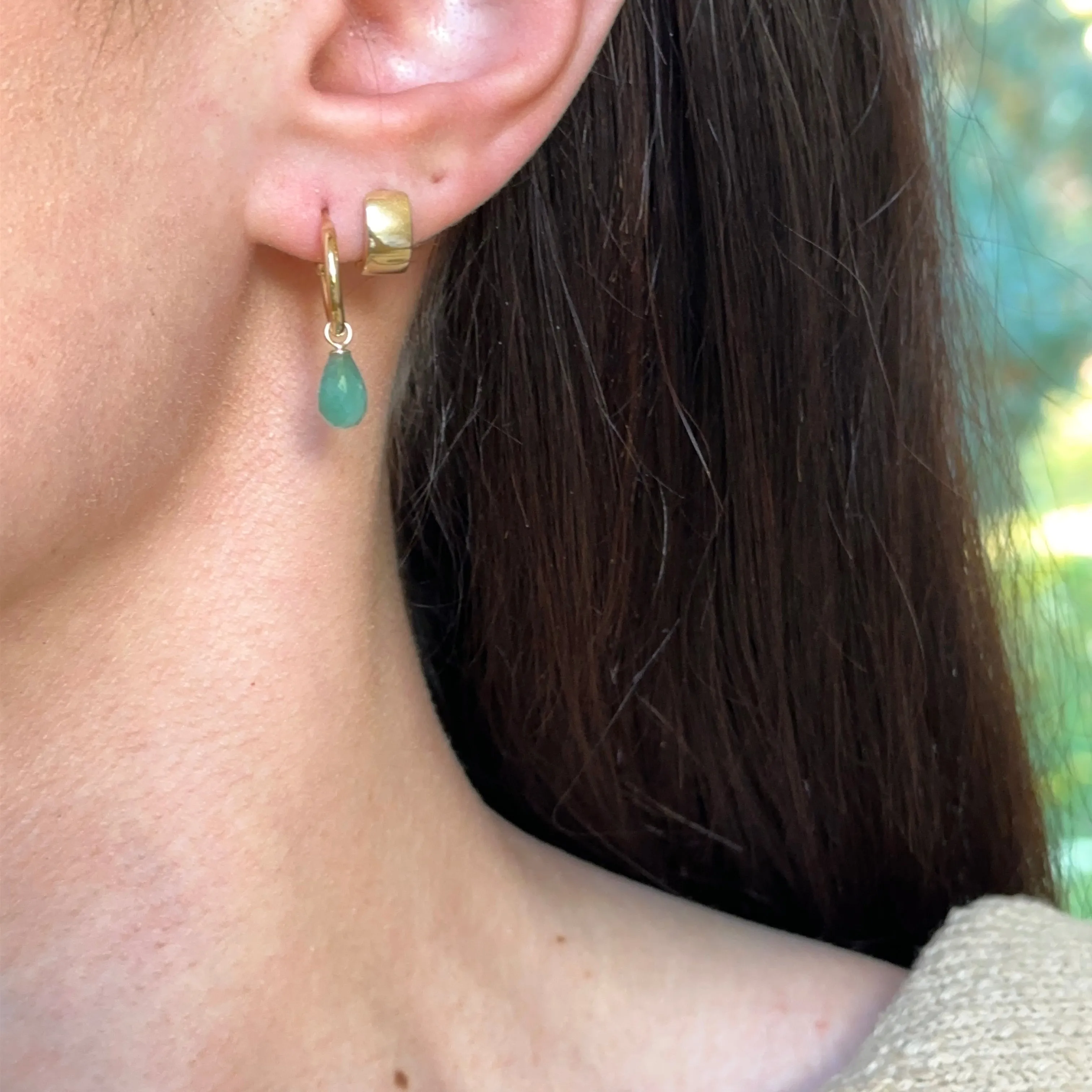 14KT Yellow Gold Teardrop Emerald Charm Hoop Earrings