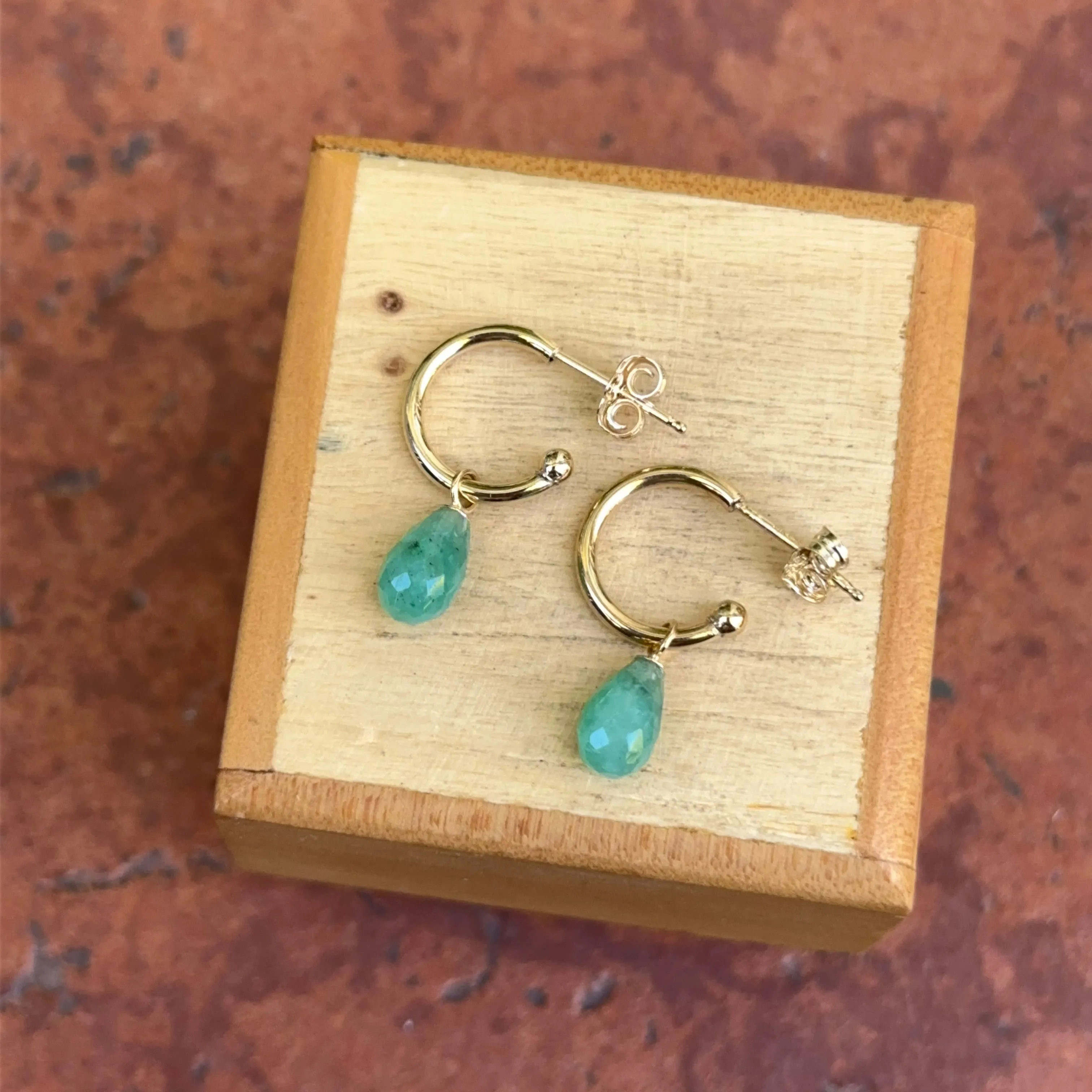 14KT Yellow Gold Teardrop Emerald Charm Hoop Earrings