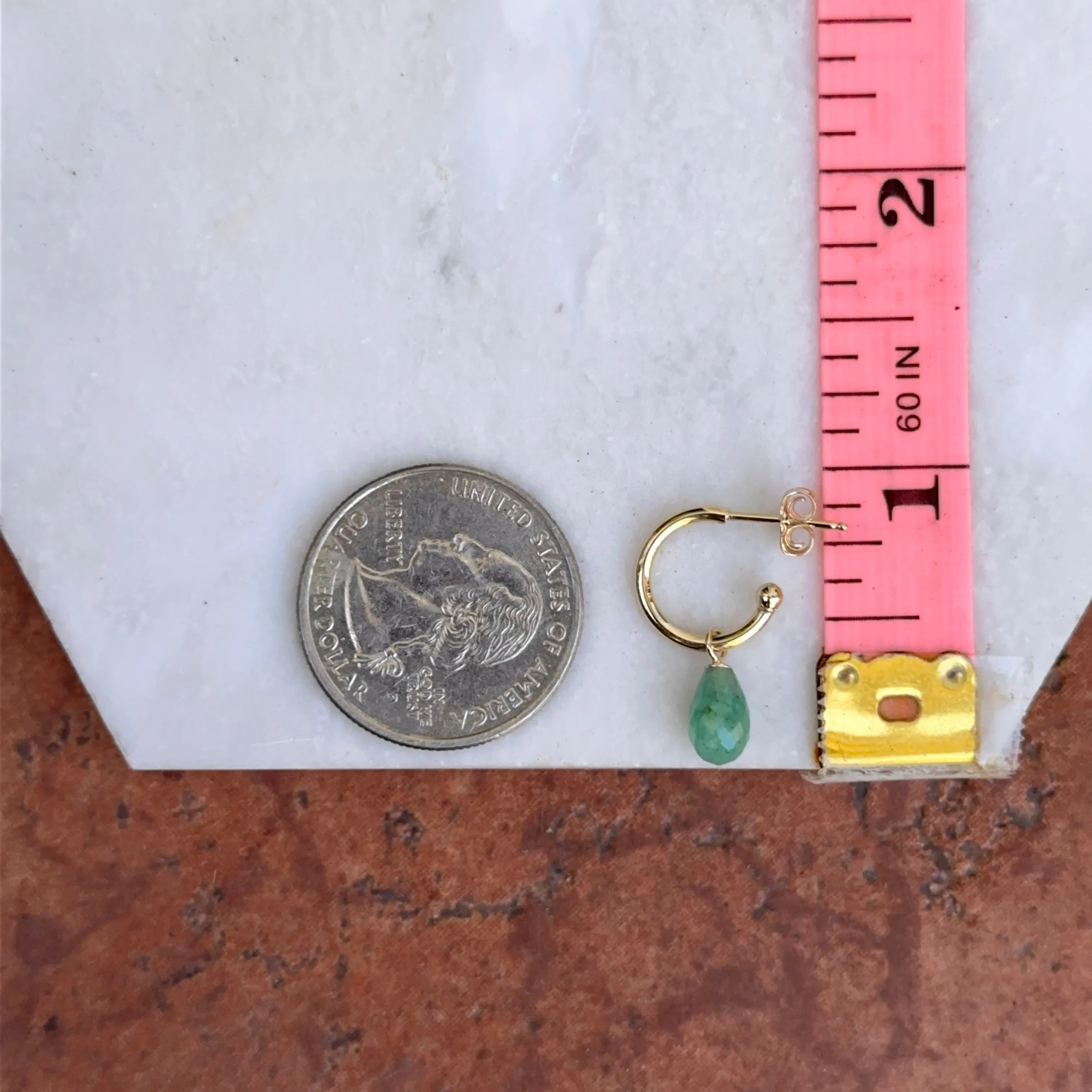 14KT Yellow Gold Teardrop Emerald Charm Hoop Earrings