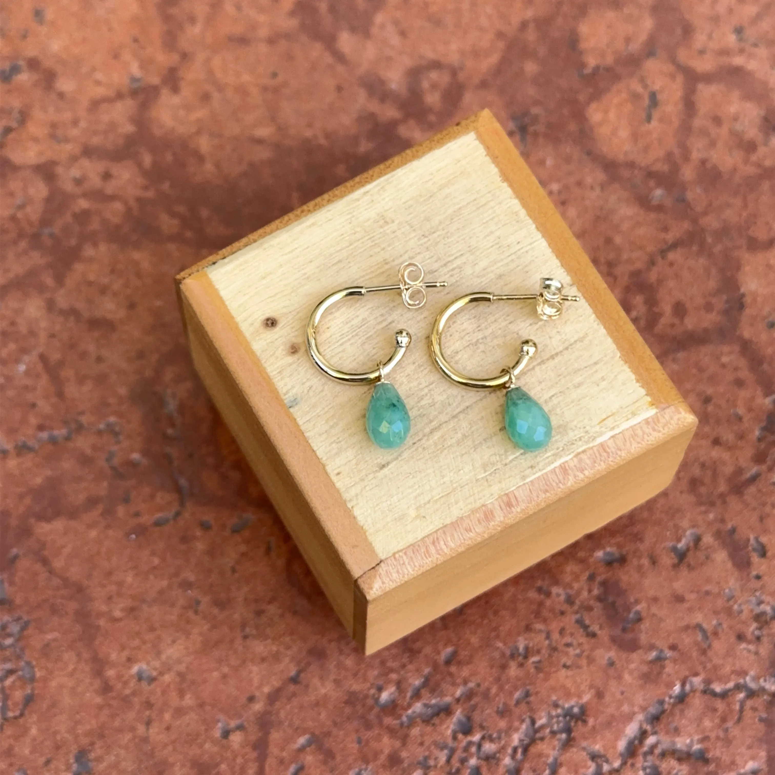 14KT Yellow Gold Teardrop Emerald Charm Hoop Earrings