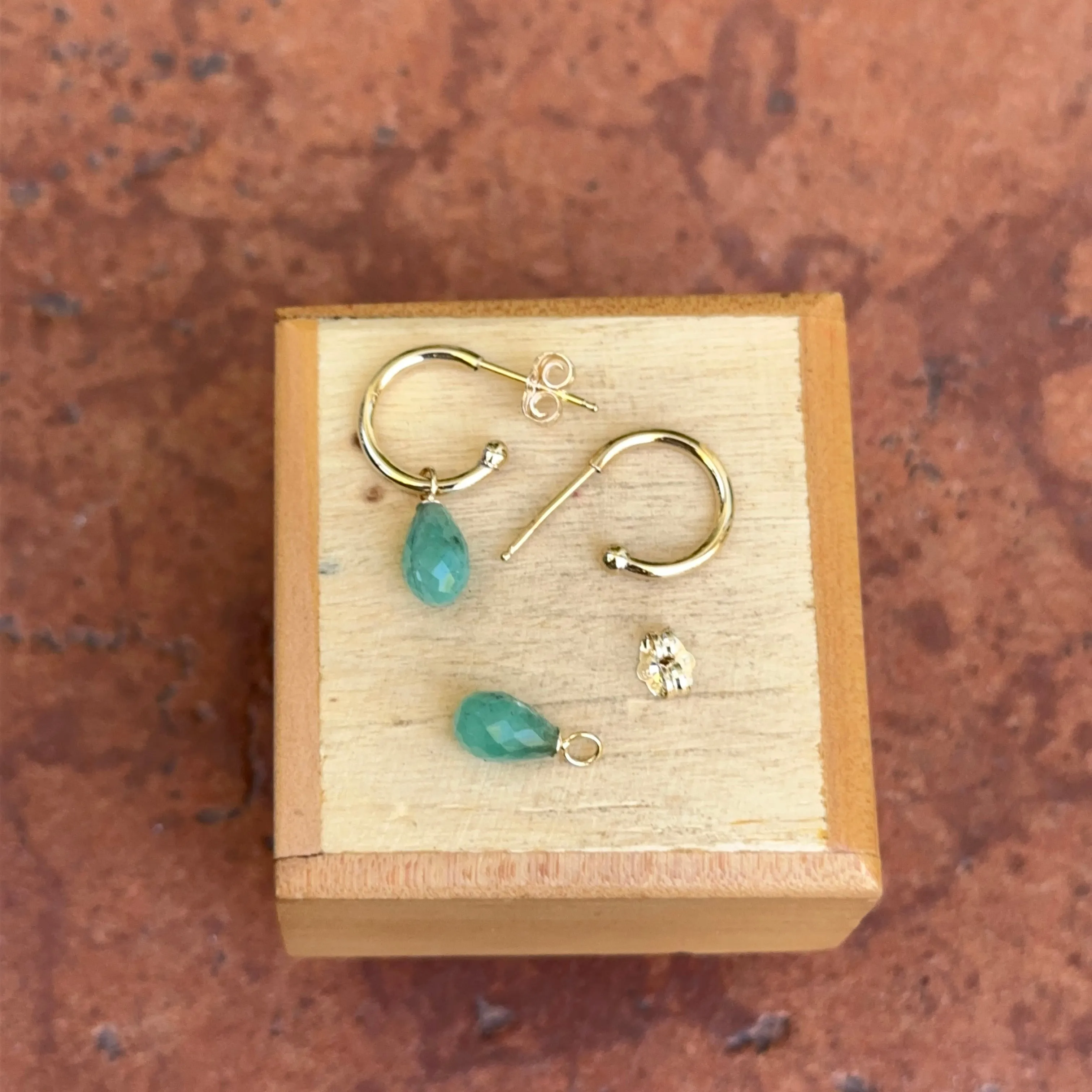 14KT Yellow Gold Teardrop Emerald Charm Hoop Earrings