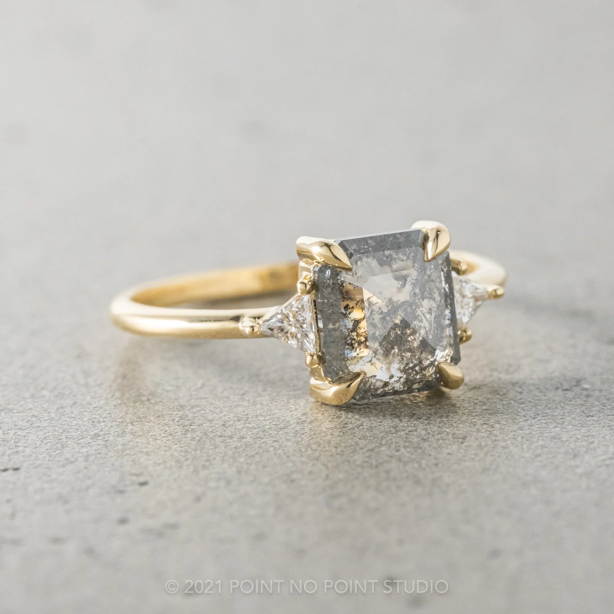 1.52 Carat Salt and Pepper Asscher Shaped Diamond Engagement Ring, Zoe Setting, 14K Yellow Gold