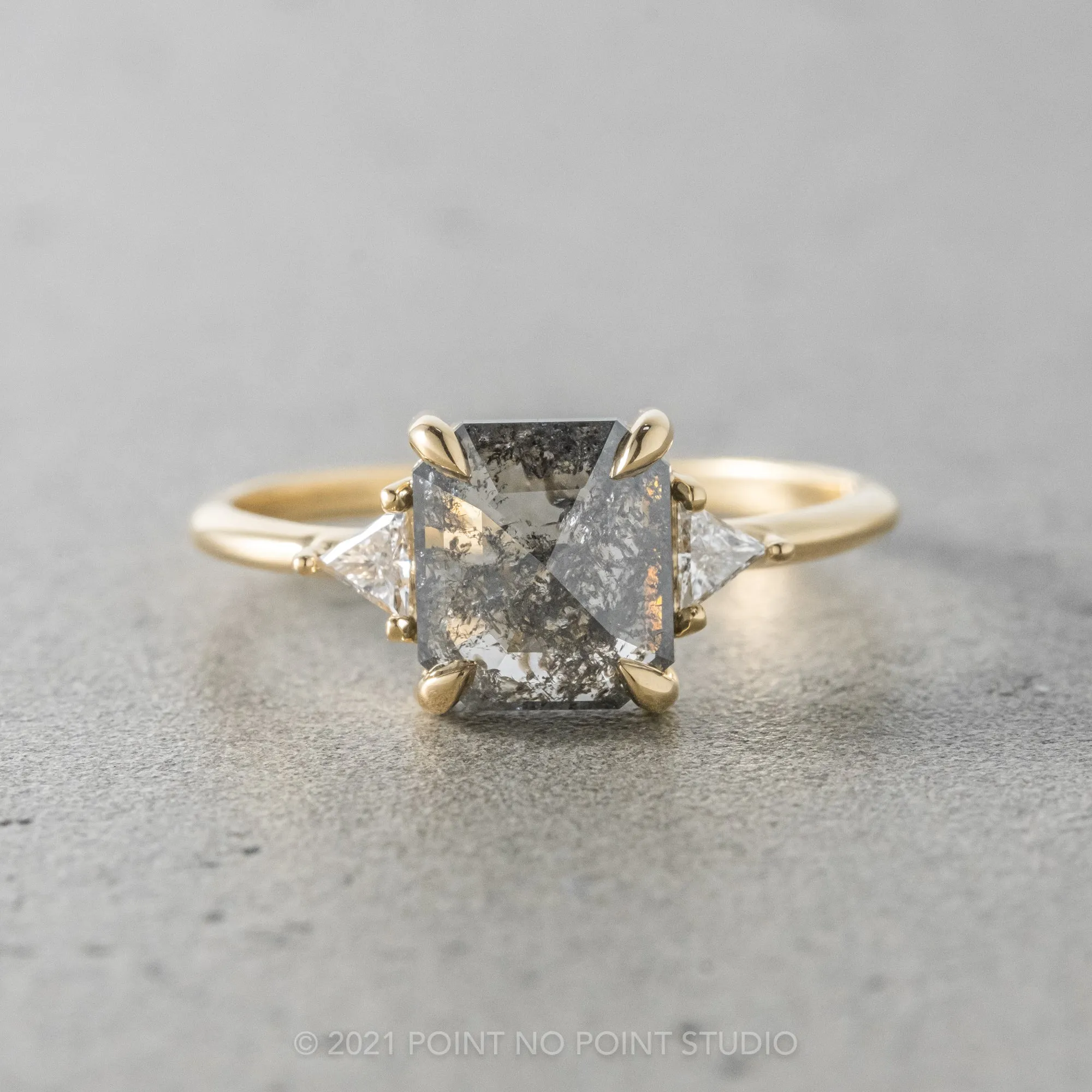 1.52 Carat Salt and Pepper Asscher Shaped Diamond Engagement Ring, Zoe Setting, 14K Yellow Gold