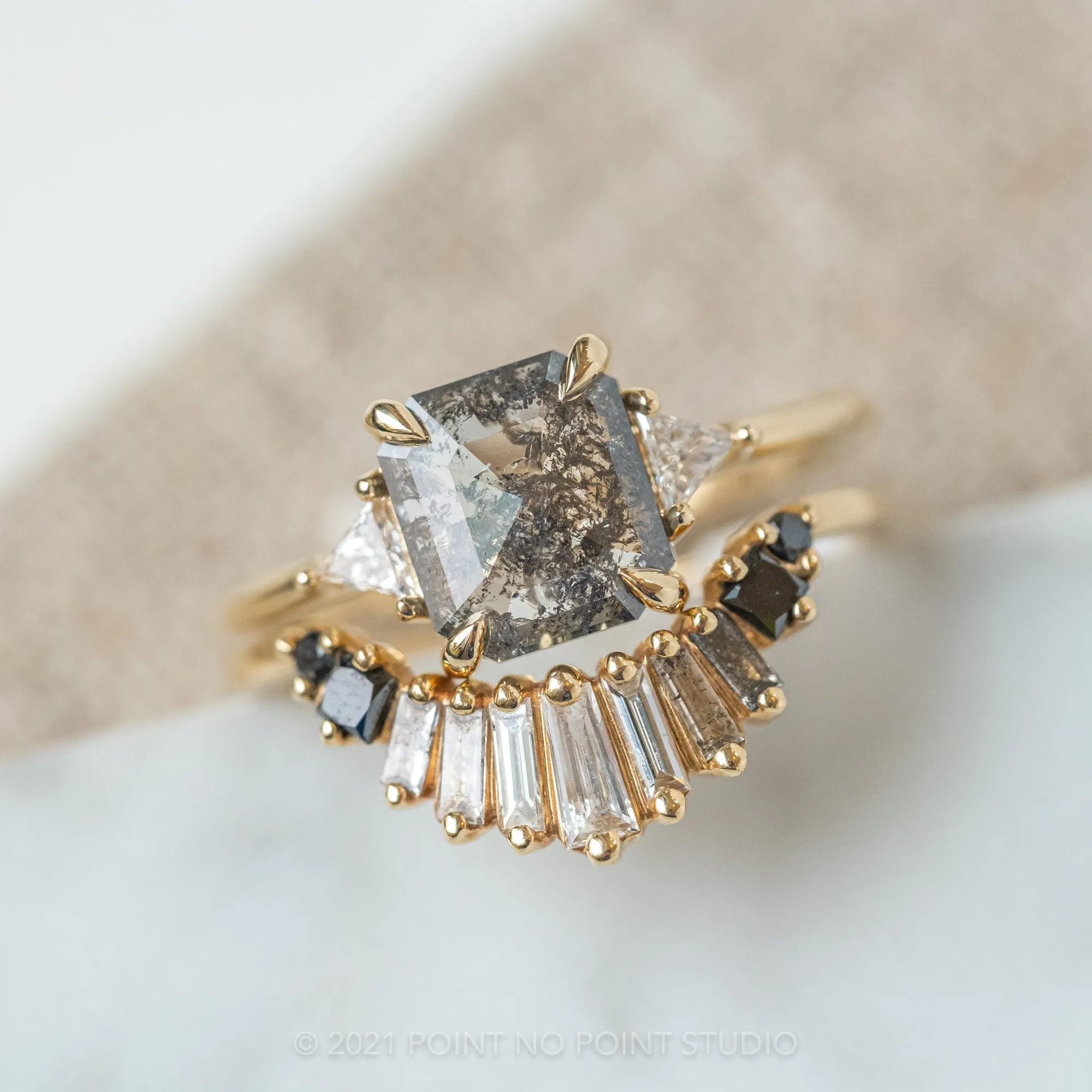 1.52 Carat Salt and Pepper Asscher Shaped Diamond Engagement Ring, Zoe Setting, 14K Yellow Gold
