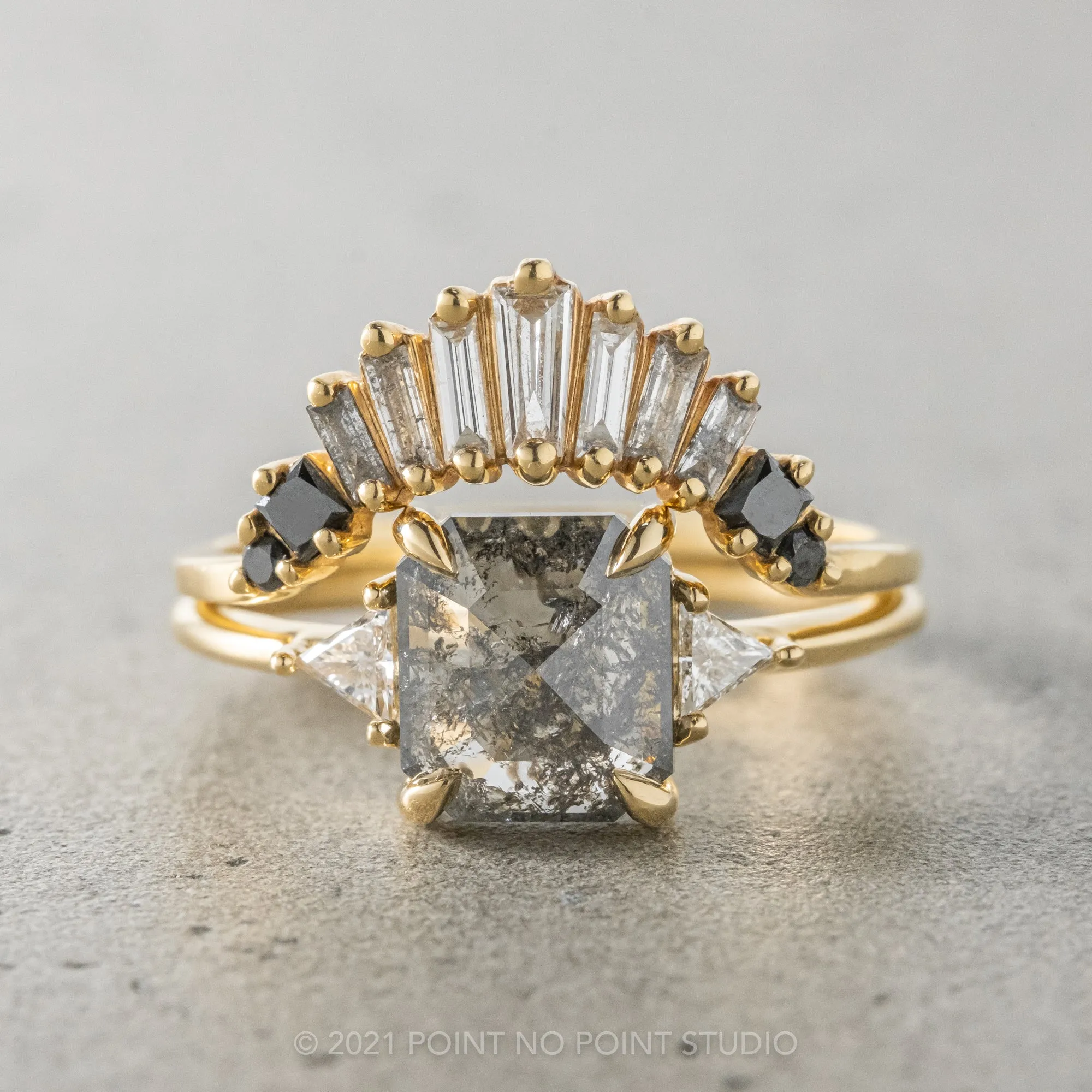 1.52 Carat Salt and Pepper Asscher Shaped Diamond Engagement Ring, Zoe Setting, 14K Yellow Gold
