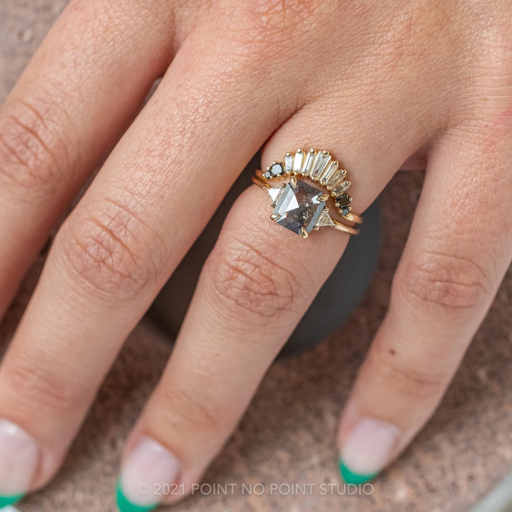1.52 Carat Salt and Pepper Asscher Shaped Diamond Engagement Ring, Zoe Setting, 14K Yellow Gold