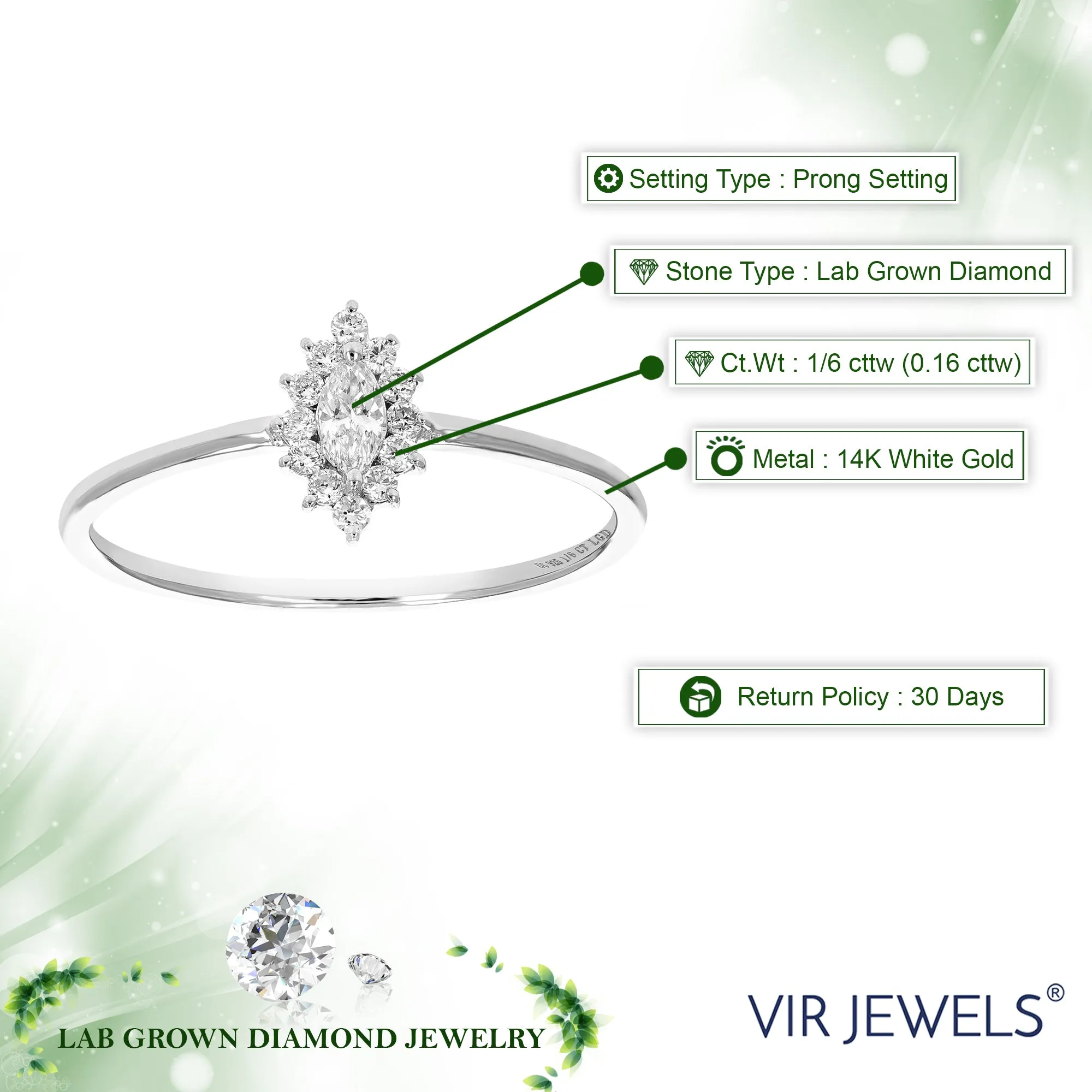 1/6 cttw Lab Grown Diamond Engagement Ring Marquise Cut in .925 Sterling Silver Prong Set