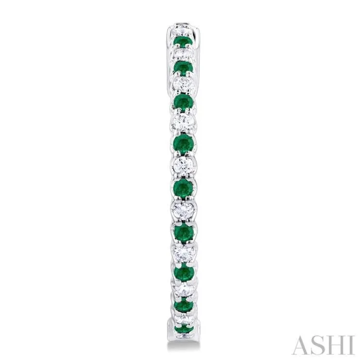1.6 MM Round Emerald and 1/2 ctw Round Cut Diamond Inside & Outside Alternating Precious Hoop Earrings in 14K White Gold