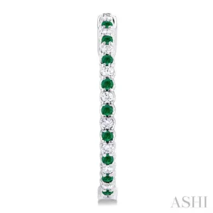 1.6 MM Round Emerald and 1/2 ctw Round Cut Diamond Inside & Outside Alternating Precious Hoop Earrings in 14K White Gold