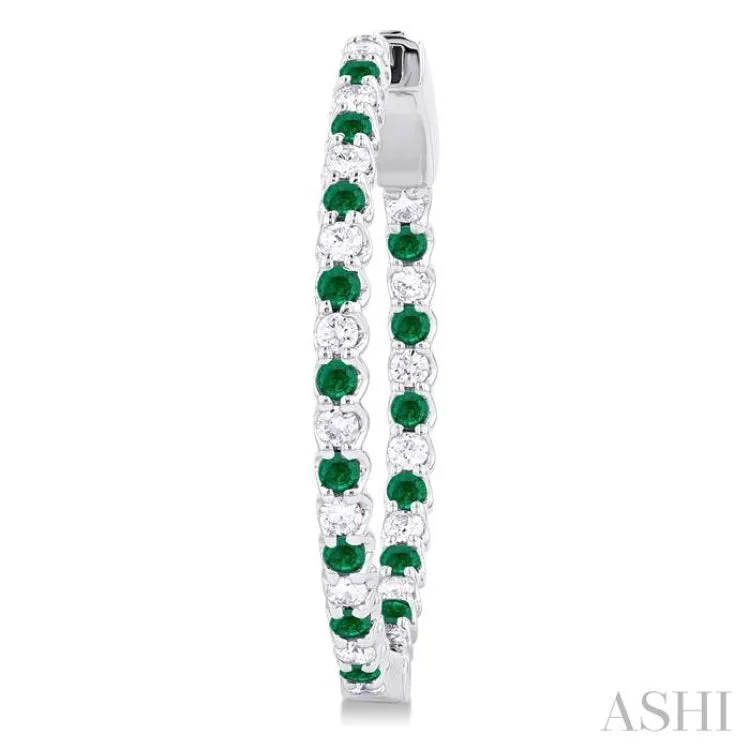 1.6 MM Round Emerald and 1/2 ctw Round Cut Diamond Inside & Outside Alternating Precious Hoop Earrings in 14K White Gold