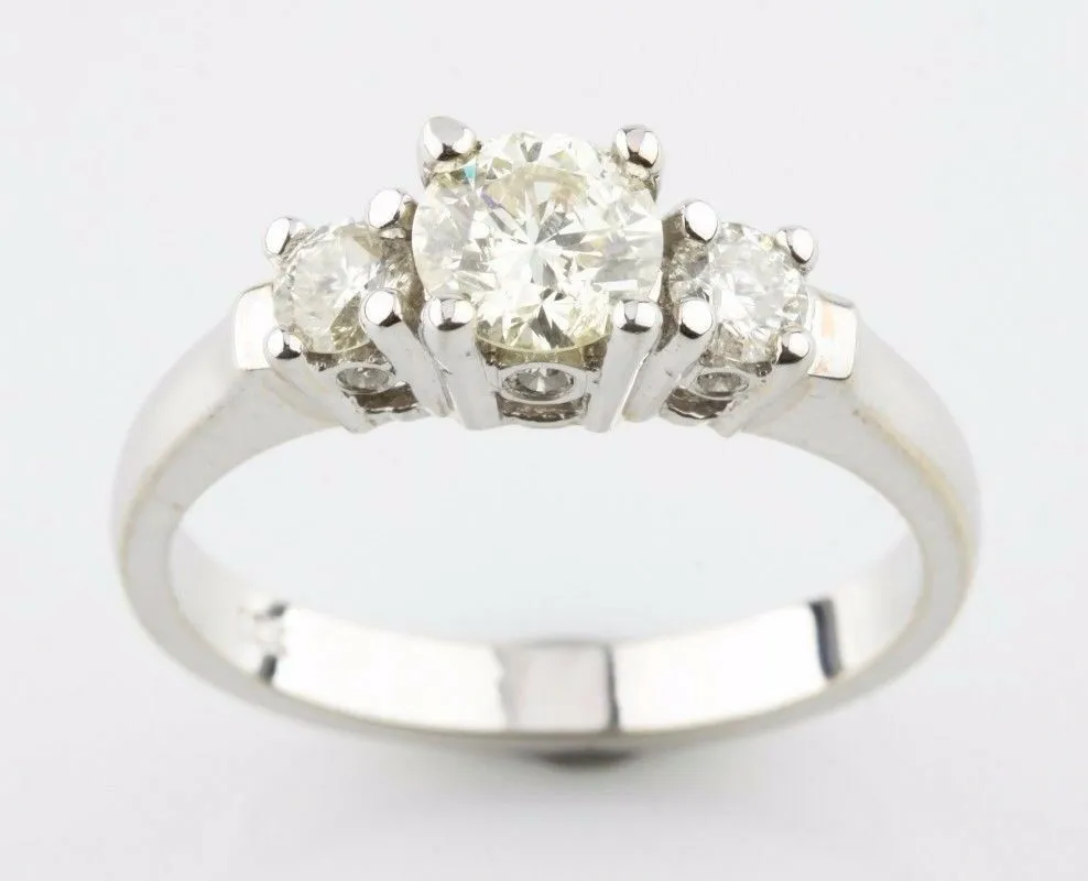 1.64 Carat Round Diamond 3-Stone 18k White Gold Engagement Ring Size 7 w/ Cert
