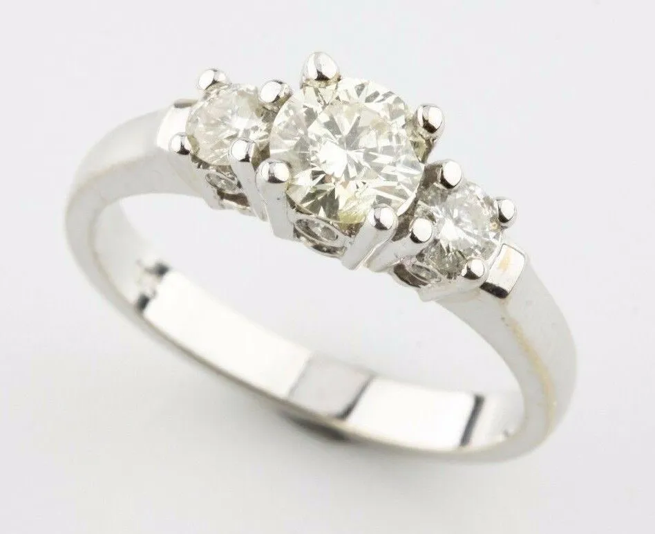 1.64 Carat Round Diamond 3-Stone 18k White Gold Engagement Ring Size 7 w/ Cert