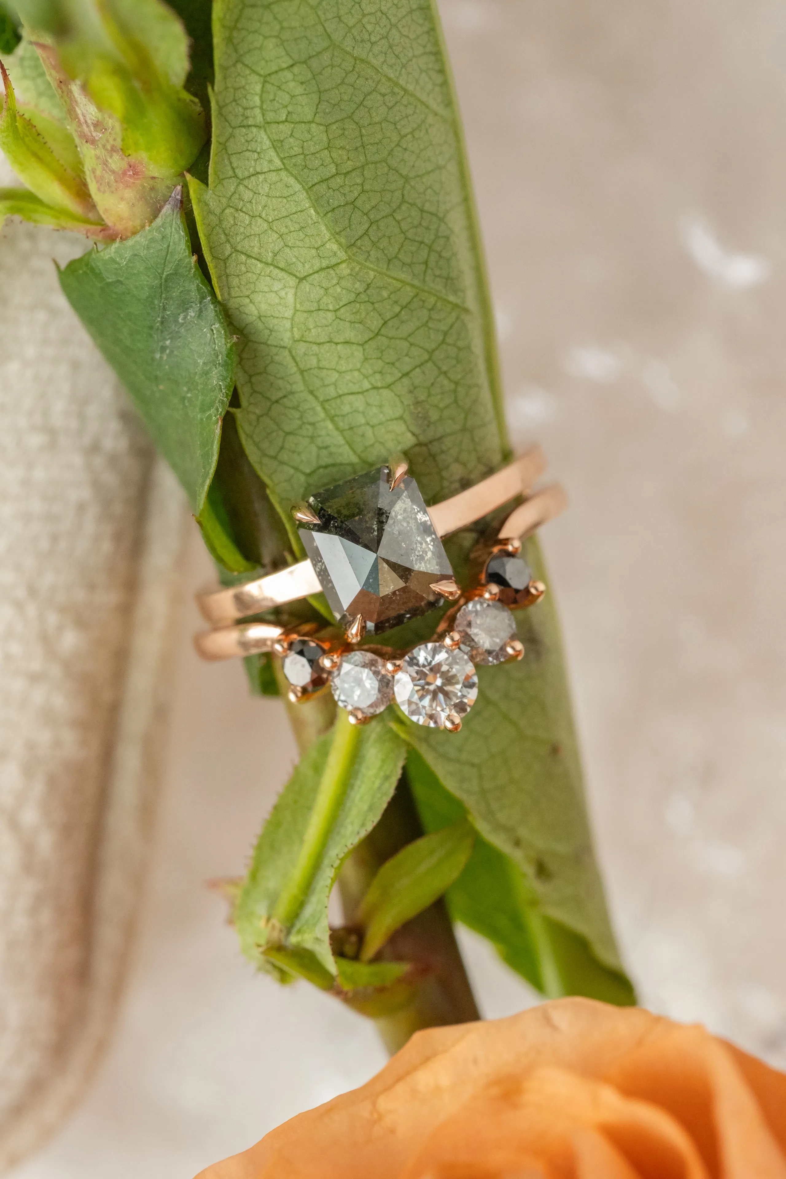 1.76 Carat Black Speckled Asscher Diamond Engagement Ring, Jane Setting, 14k Rose Gold