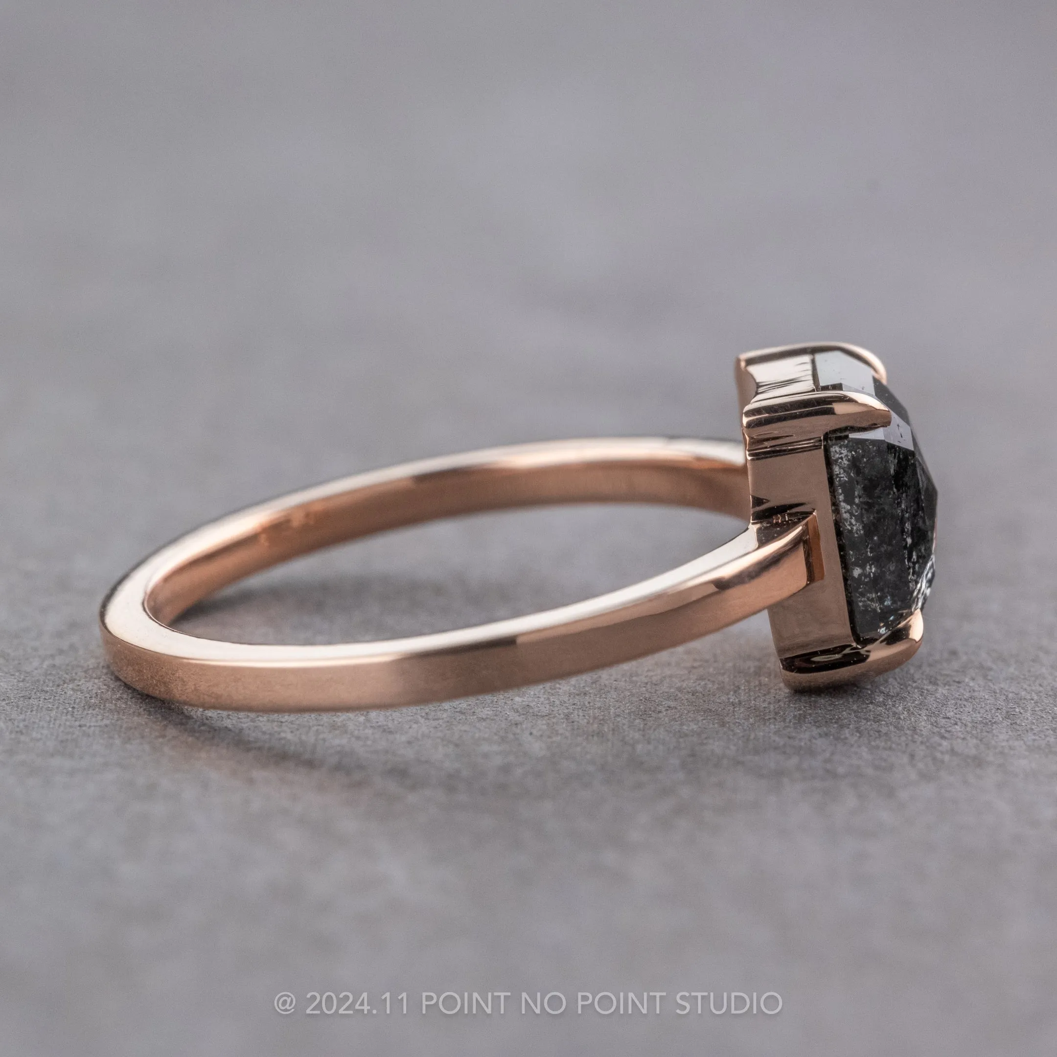 1.76 Carat Black Speckled Asscher Diamond Engagement Ring, Jane Setting, 14k Rose Gold