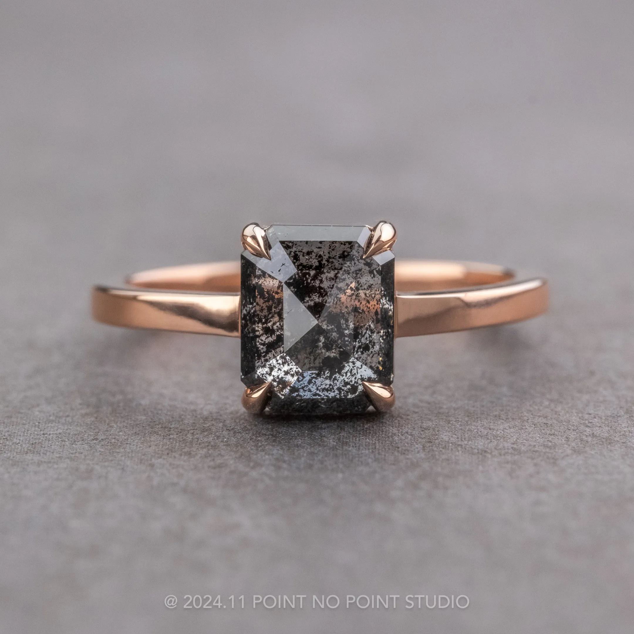 1.76 Carat Black Speckled Asscher Diamond Engagement Ring, Jane Setting, 14k Rose Gold
