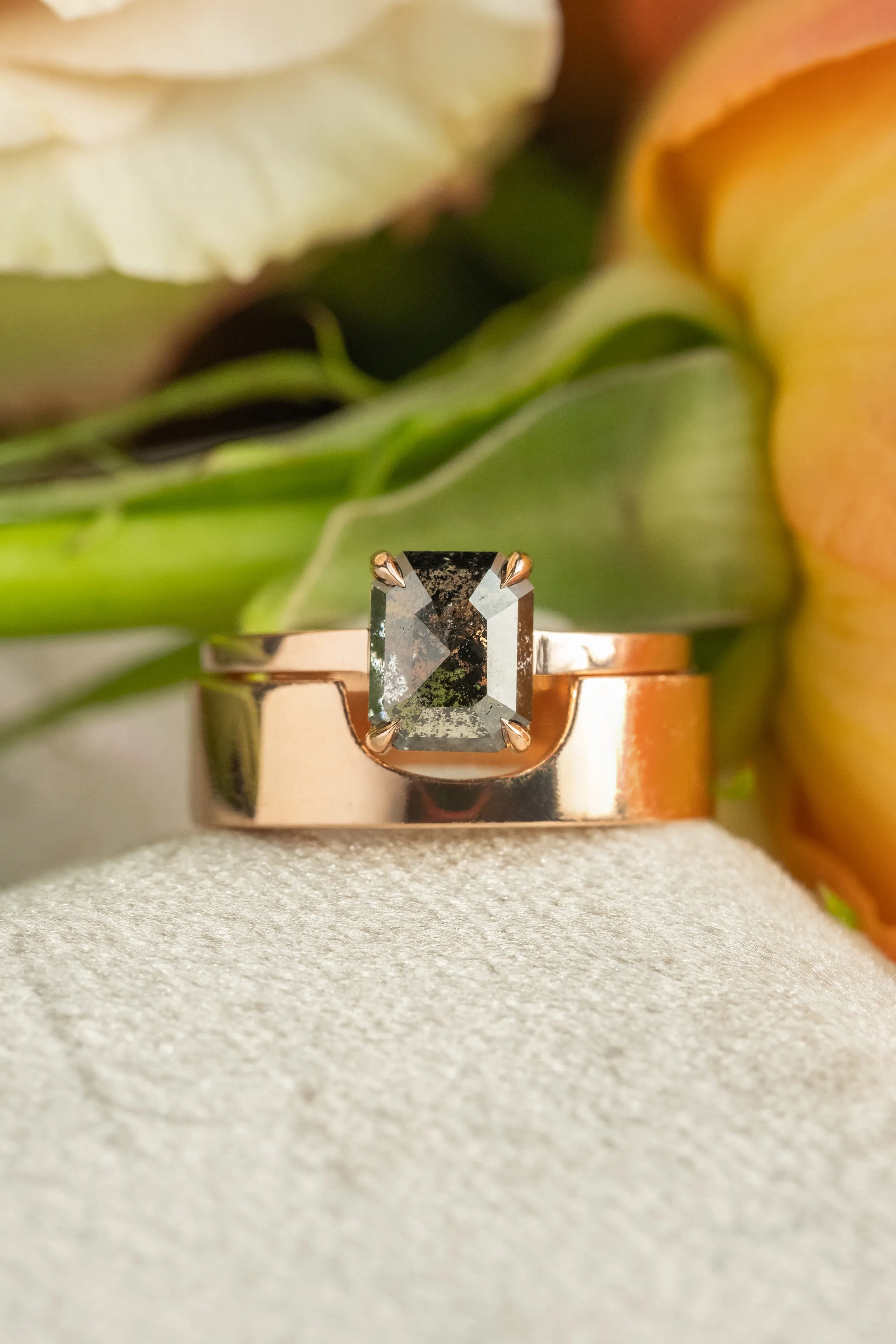 1.76 Carat Black Speckled Asscher Diamond Engagement Ring, Jane Setting, 14k Rose Gold