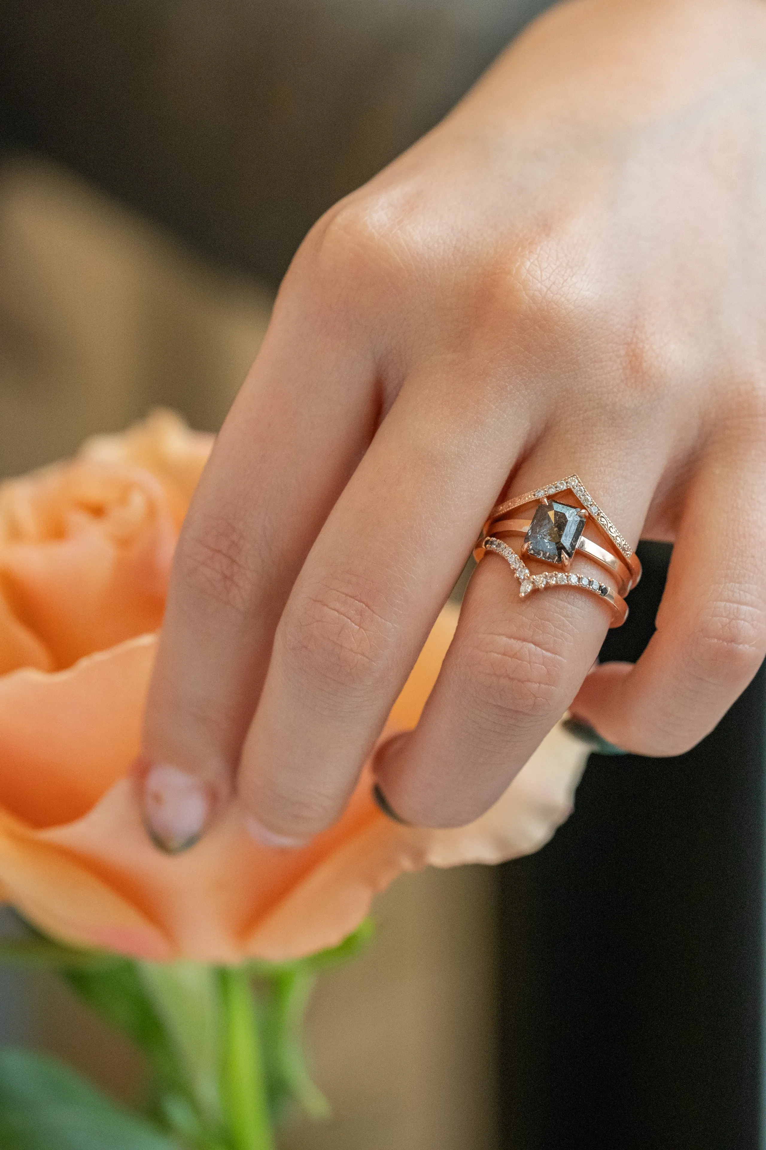 1.76 Carat Black Speckled Asscher Diamond Engagement Ring, Jane Setting, 14k Rose Gold
