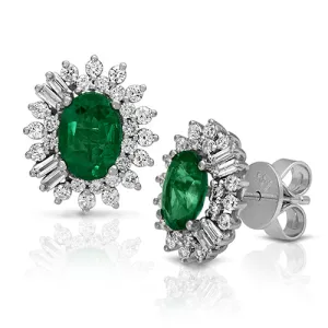 1.79ct Oval Emerald on a Halo Design with 1.56ct Round cut Diamond in 14k White Gold Stud Earrings