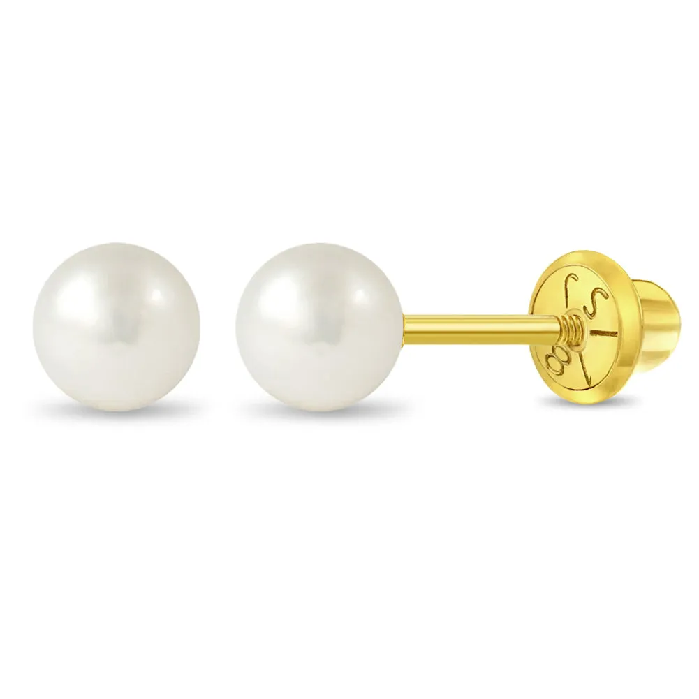 18k Gold Classic Freshwater Cultured Pearl 3-6mm Baby / Toddler / Kids Earrings Safety Screw Back