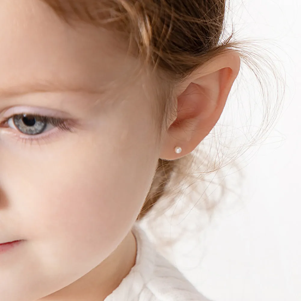18k Gold Classic Freshwater Cultured Pearl 3-6mm Baby / Toddler / Kids Earrings Safety Screw Back