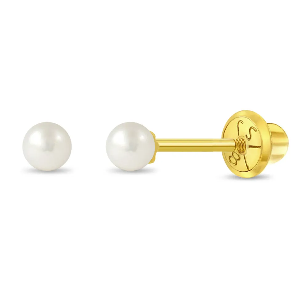 18k Gold Classic Freshwater Cultured Pearl 3-6mm Baby / Toddler / Kids Earrings Safety Screw Back