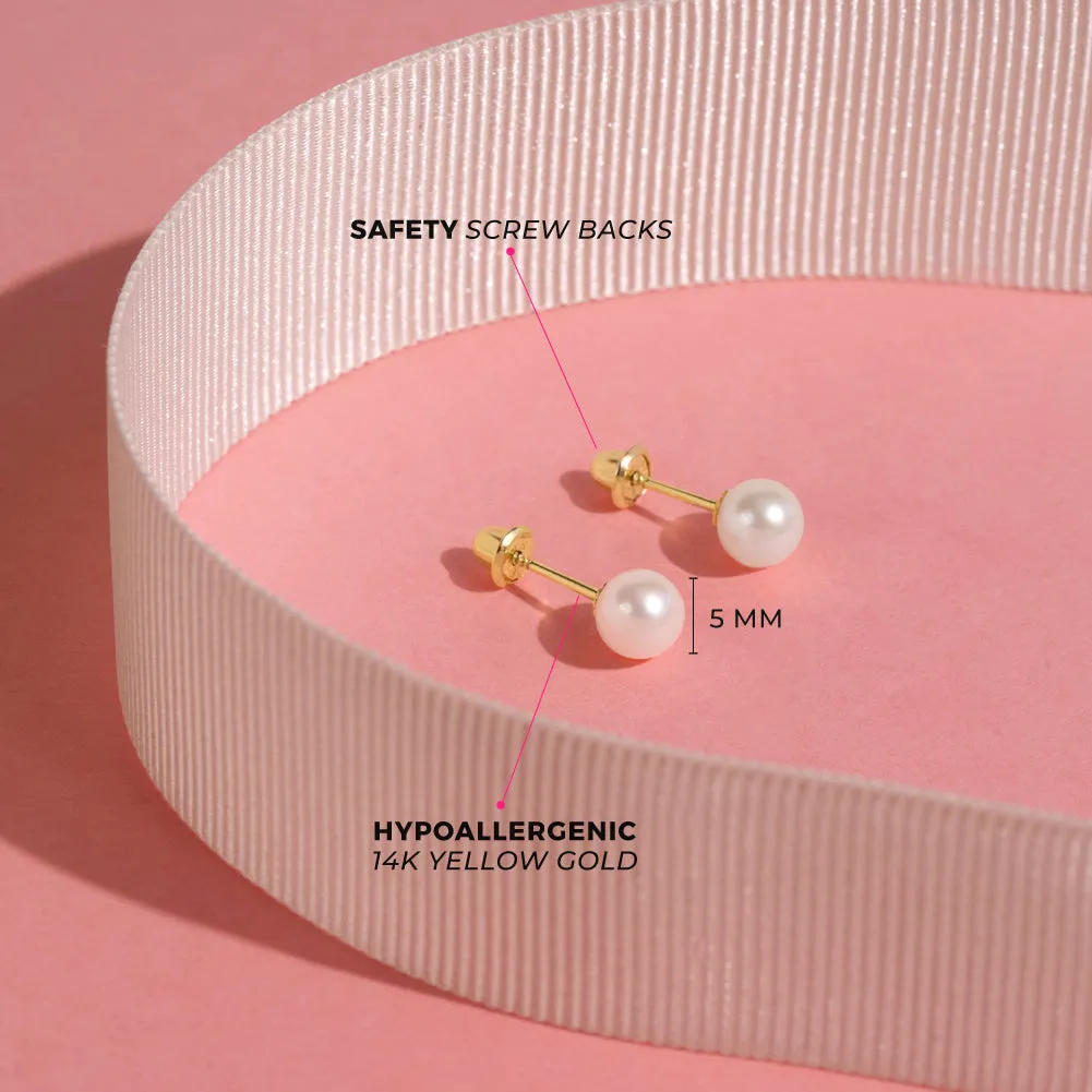 18k Gold Classic Freshwater Cultured Pearl 3-6mm Baby / Toddler / Kids Earrings Safety Screw Back