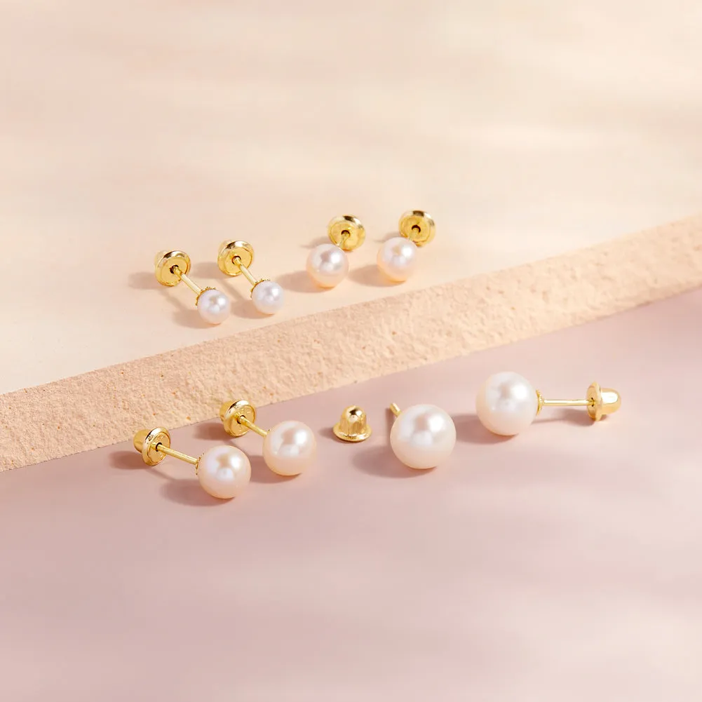 18k Gold Classic Freshwater Cultured Pearl 3-6mm Baby / Toddler / Kids Earrings Safety Screw Back