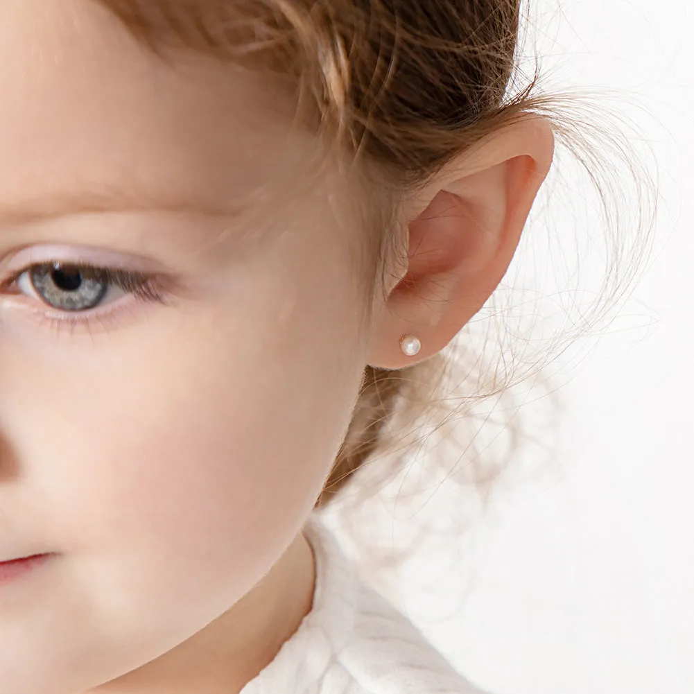 18k Gold Classic Freshwater Cultured Pearl 3-6mm Baby / Toddler / Kids Earrings Safety Screw Back