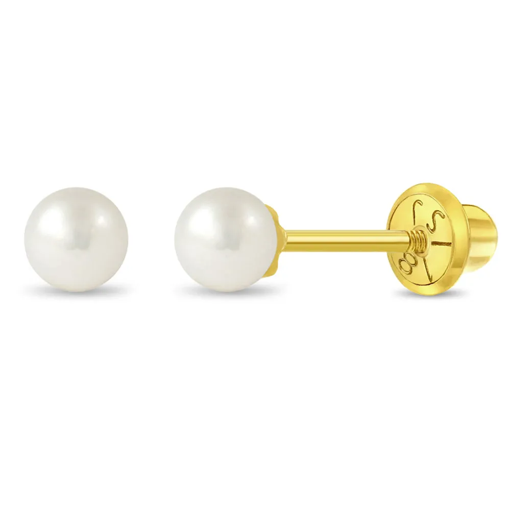 18k Gold Classic Freshwater Cultured Pearl 3-6mm Baby / Toddler / Kids Earrings Safety Screw Back