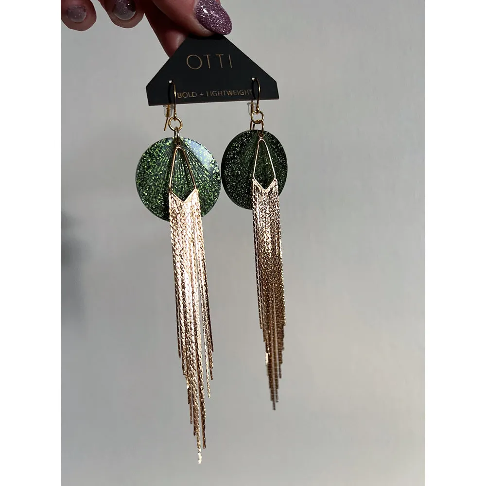 18K Gold Glamour Fringe earring: EMERALD glitter acrylic