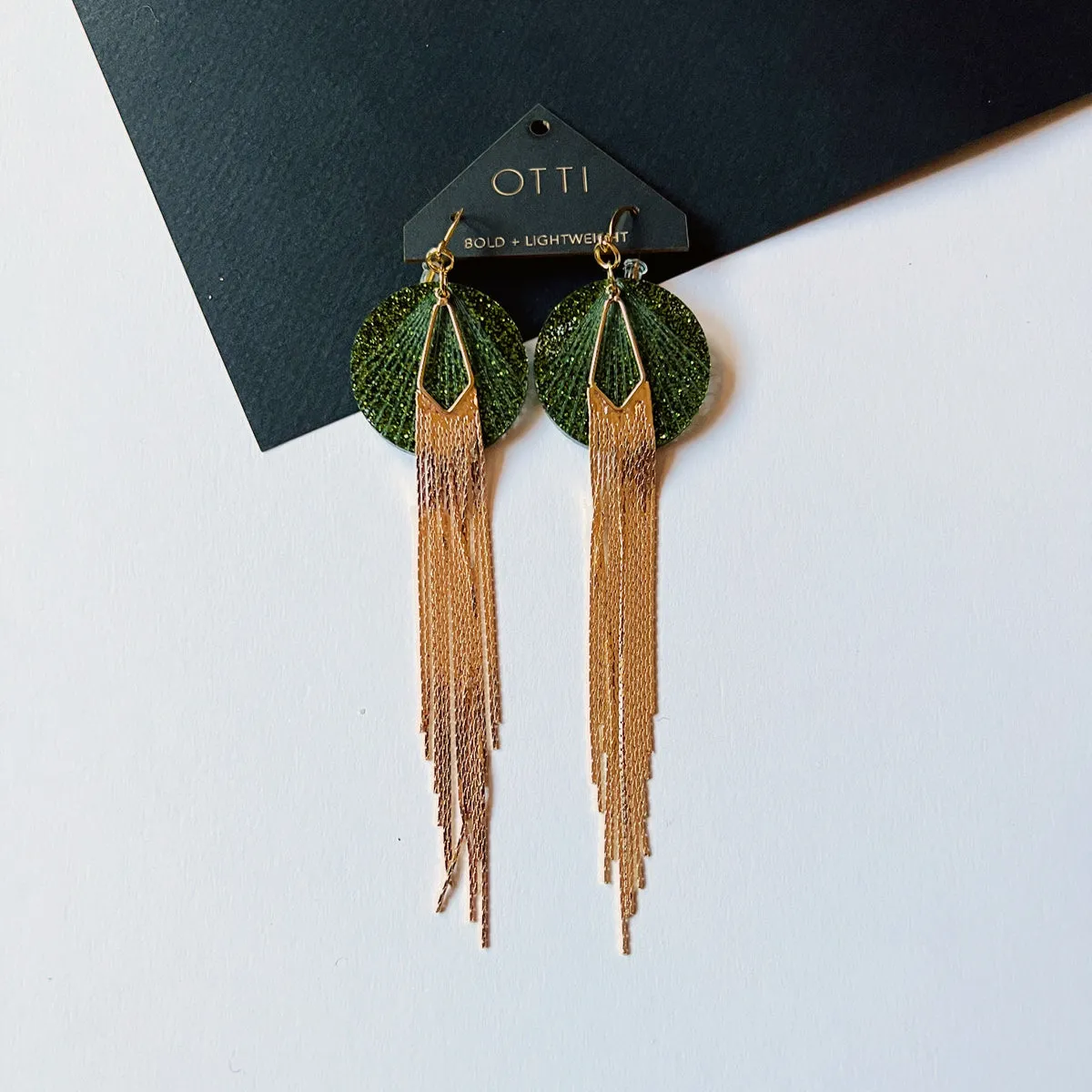 18K Gold Glamour Fringe earring: EMERALD glitter acrylic