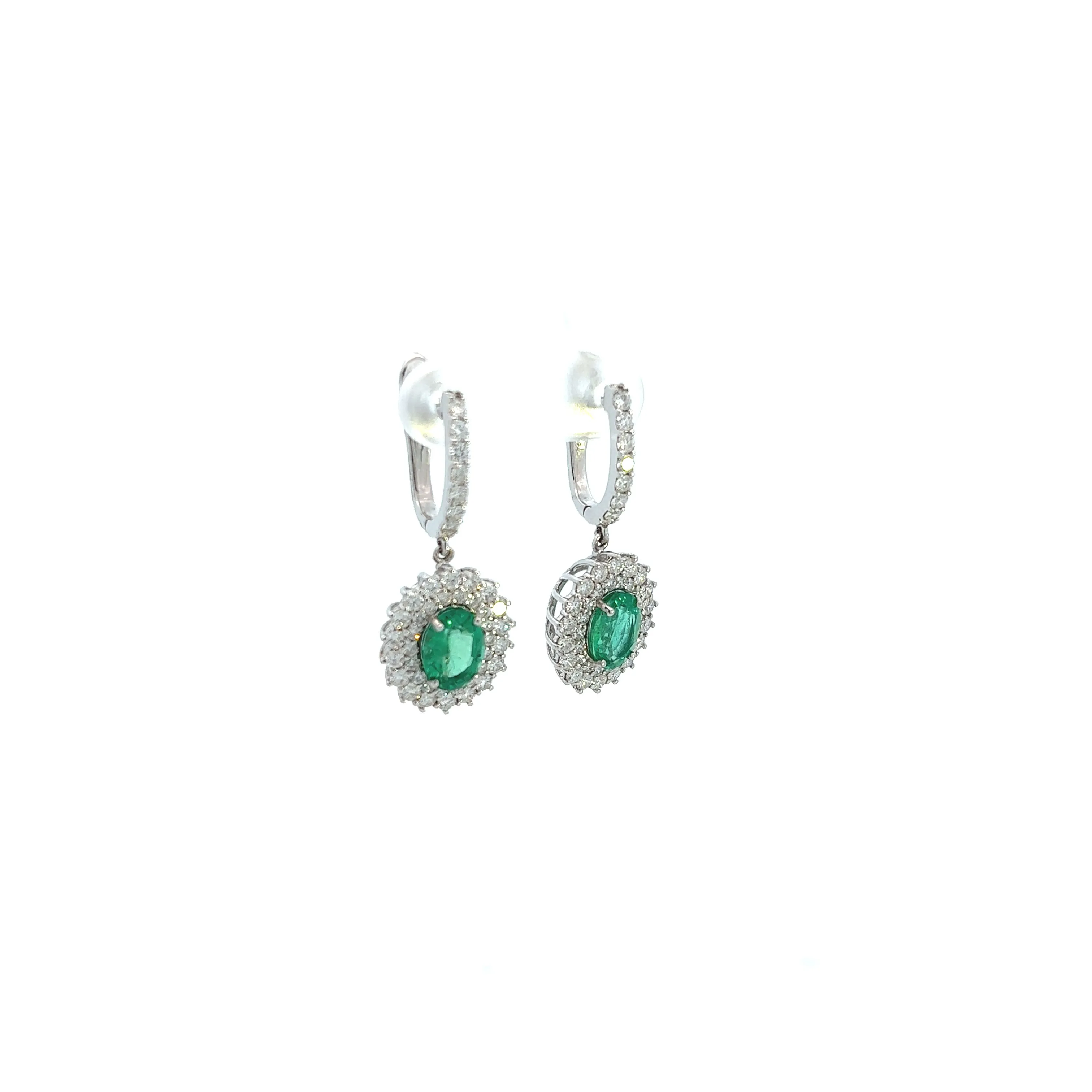 18K White Gold Emerald And Diamond Halo Dangle Earrings (4.19ctw)