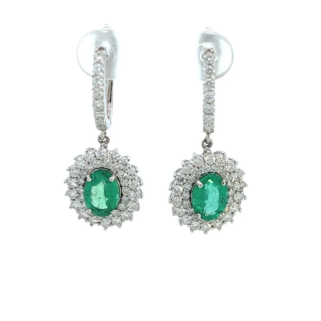 18K White Gold Emerald And Diamond Halo Dangle Earrings (4.19ctw)