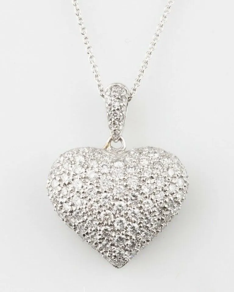 18k White Gold Pavé Heart Pendant w/ 14k White Gold Chain 17.5" TDW = 1.4 ct
