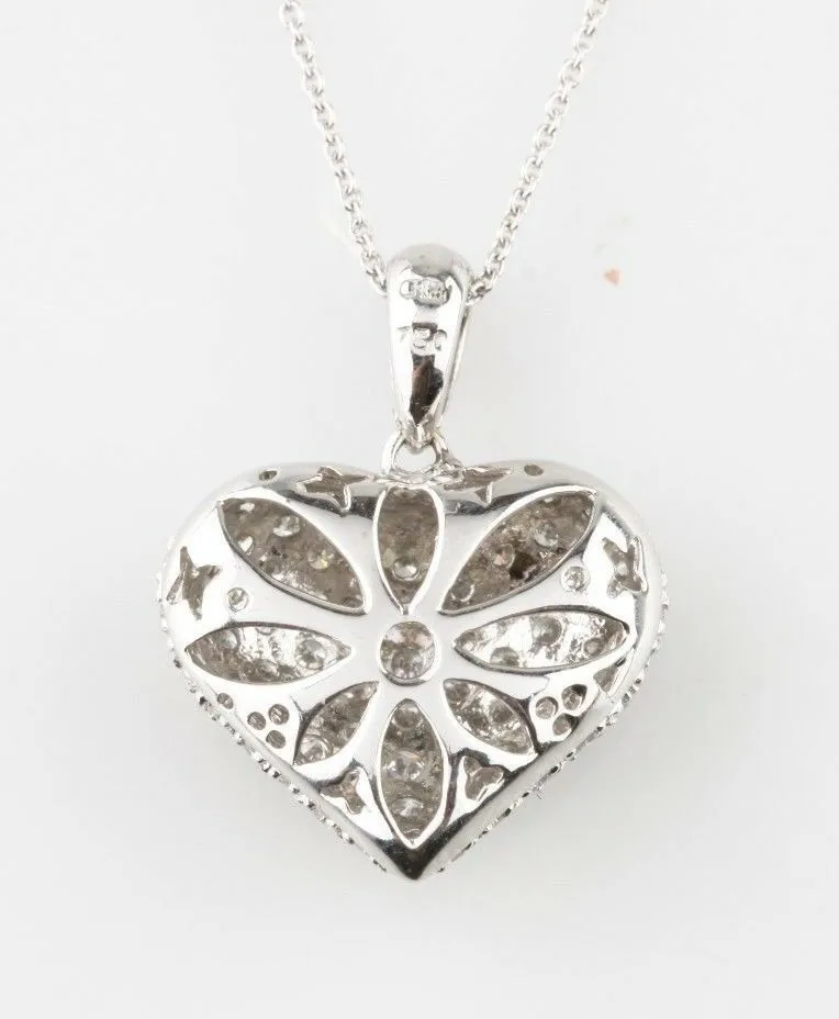 18k White Gold Pavé Heart Pendant w/ 14k White Gold Chain 17.5" TDW = 1.4 ct