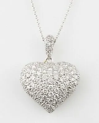 18k White Gold Pavé Heart Pendant w/ 14k White Gold Chain 17.5" TDW = 1.4 ct