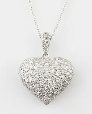 18k White Gold Pavé Heart Pendant w/ 14k White Gold Chain 17.5" TDW = 1.4 ct