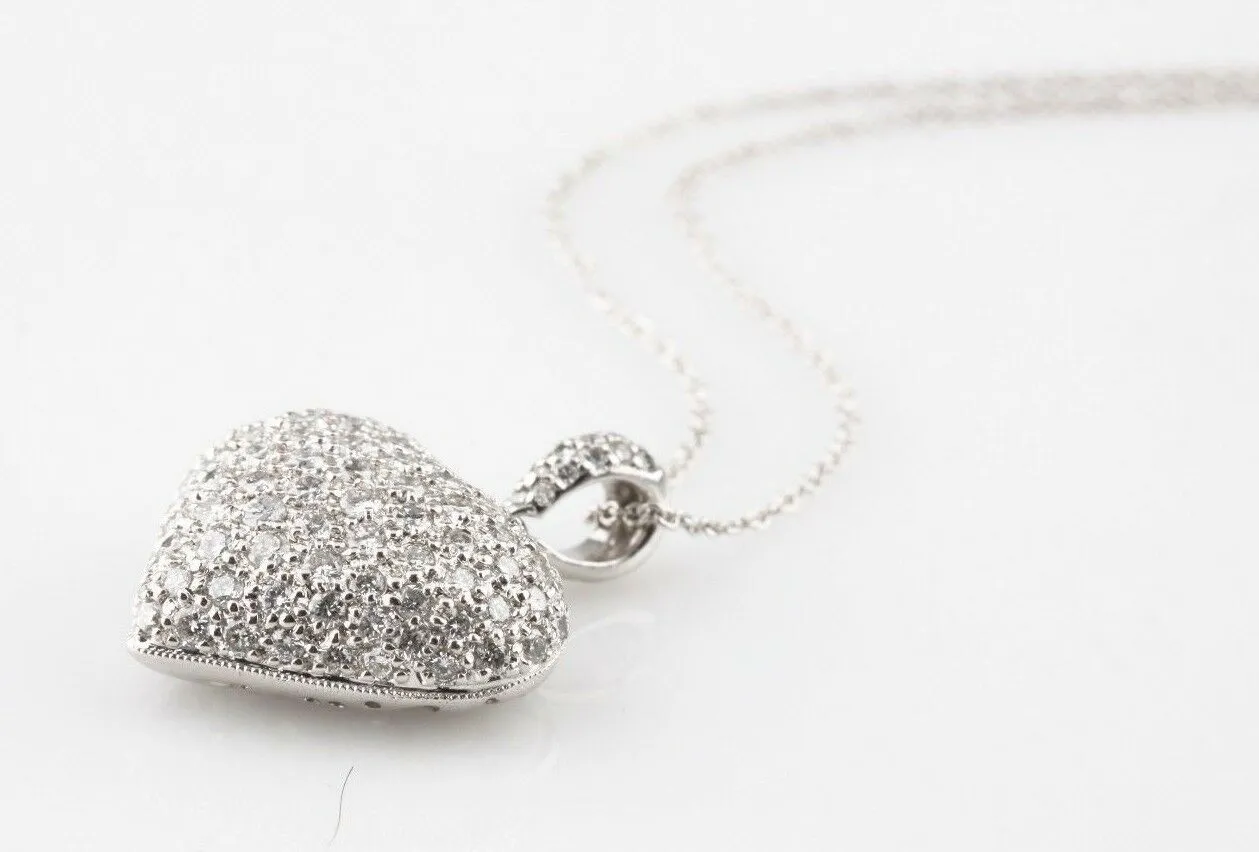 18k White Gold Pavé Heart Pendant w/ 14k White Gold Chain 17.5" TDW = 1.4 ct