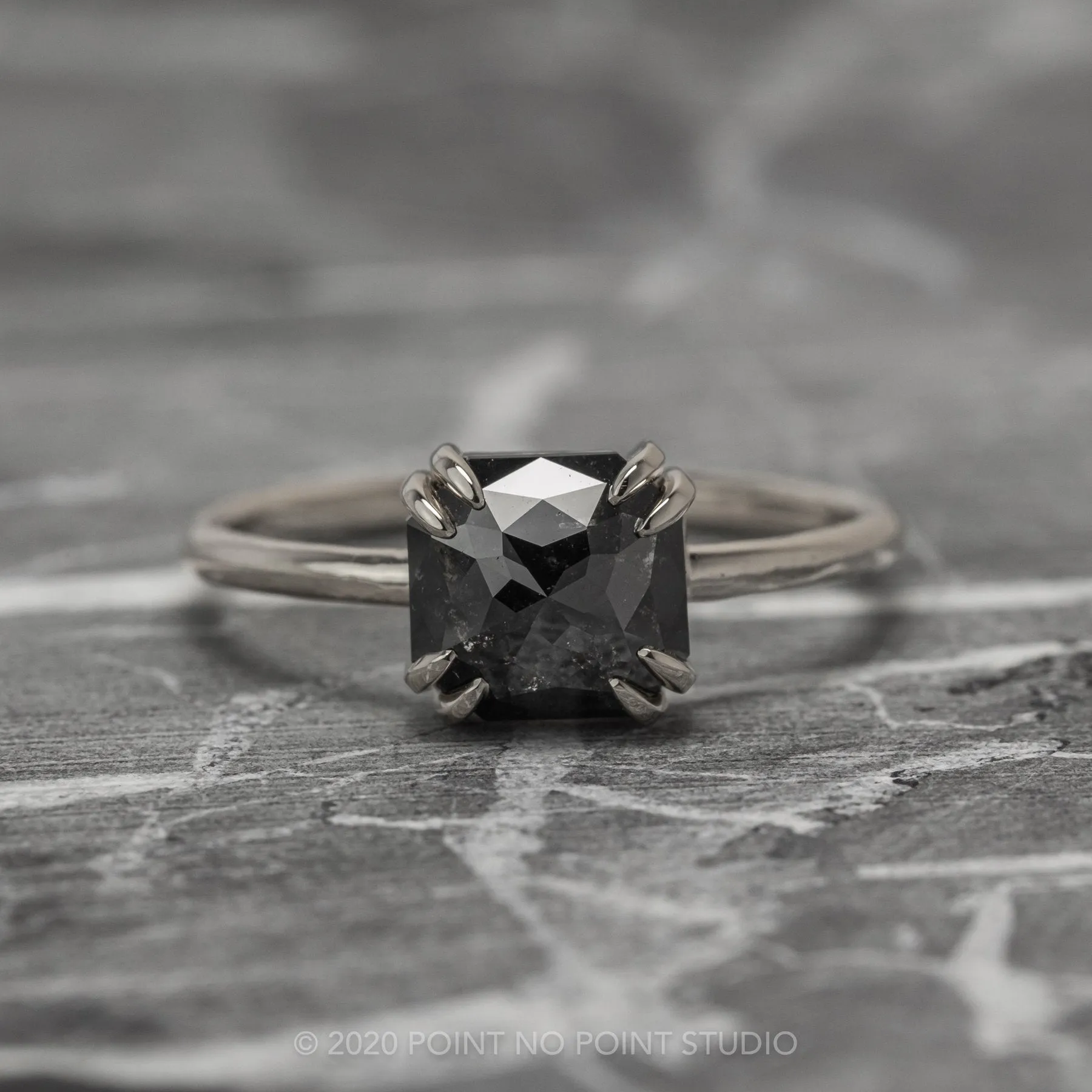 1.90 Carat Black Asscher Diamond Engagement Ring, Double Prong Jane Setting, Platinum