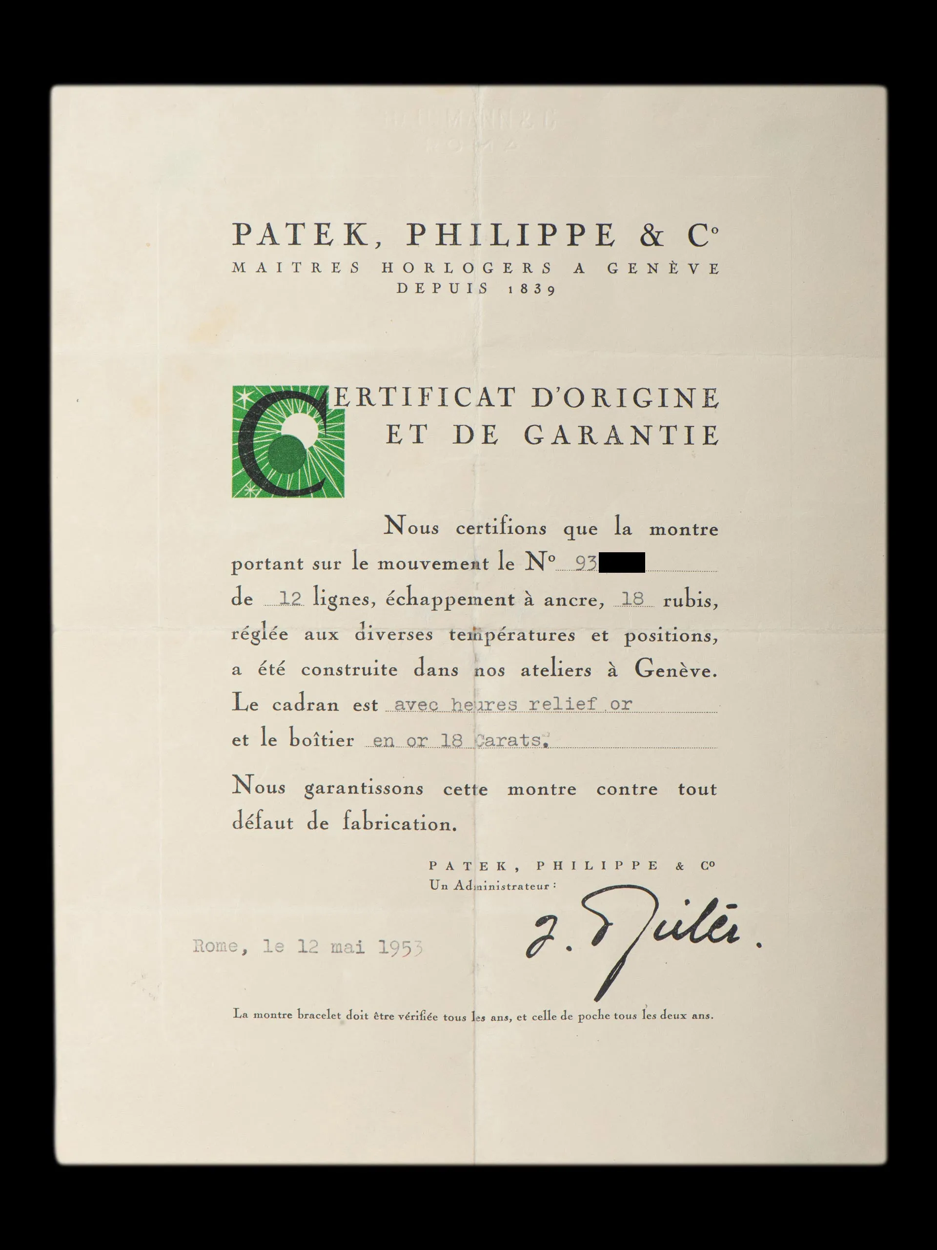 1956 Patek Philippe Calatrava 18K RG (Ref. 565) Two-Tone Silver "Hausmann & Co." Dial W/ Patek Philippe Certificate of Origin