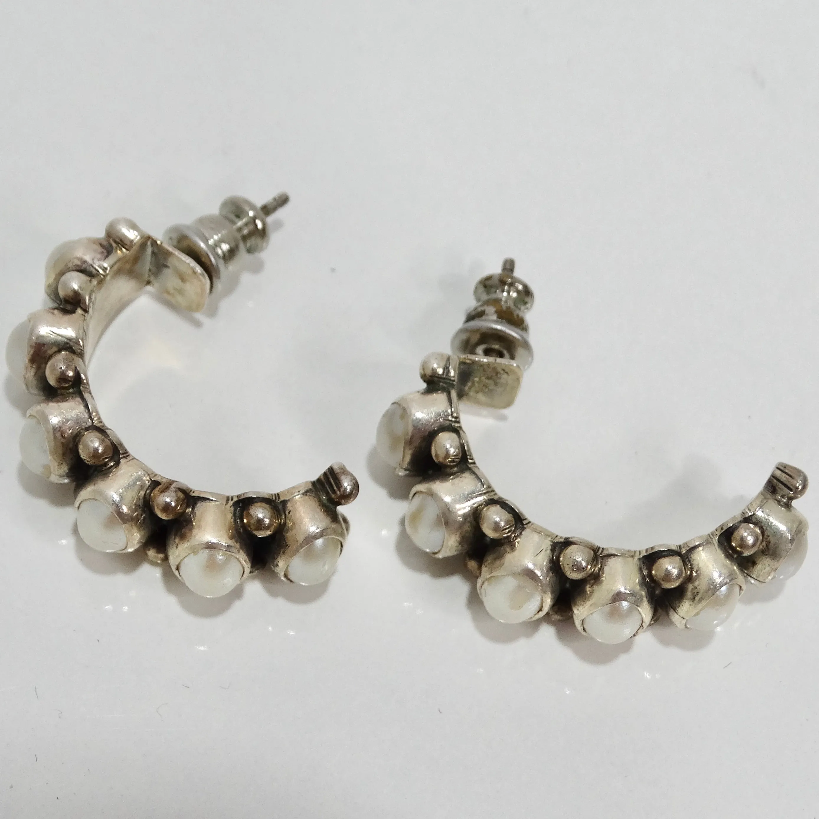 1960s Sterling Silver Pearl Hoop Earrings