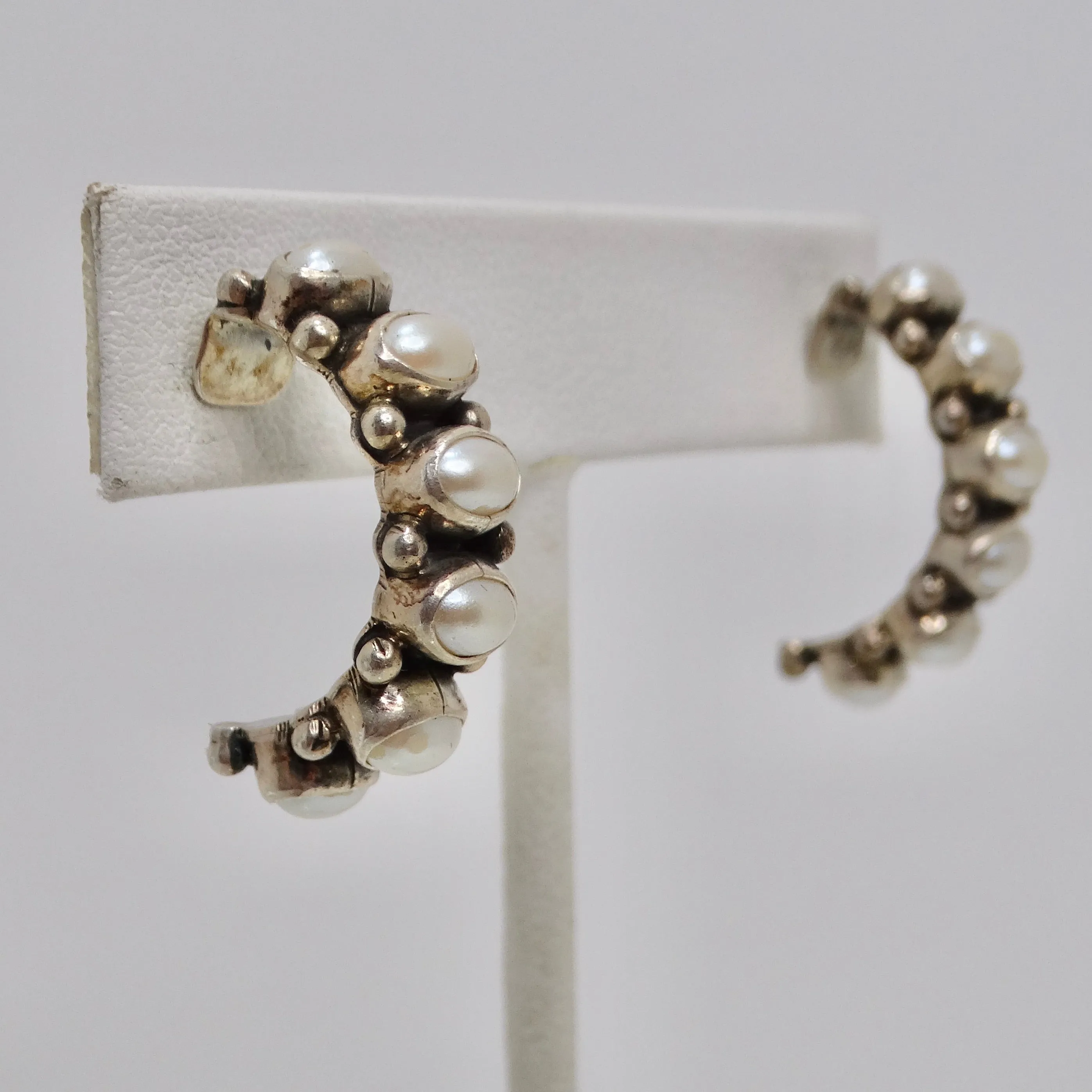 1960s Sterling Silver Pearl Hoop Earrings