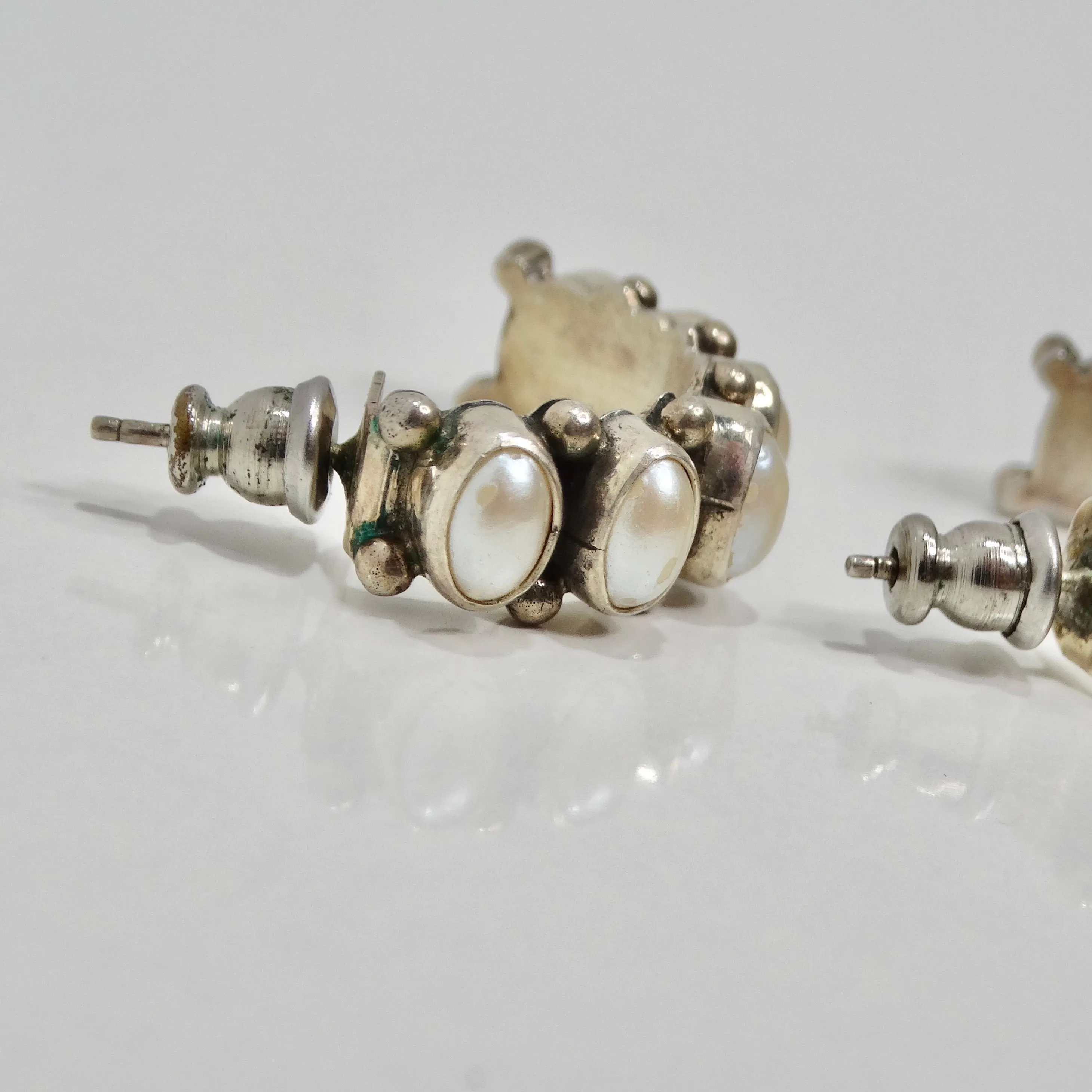 1960s Sterling Silver Pearl Hoop Earrings