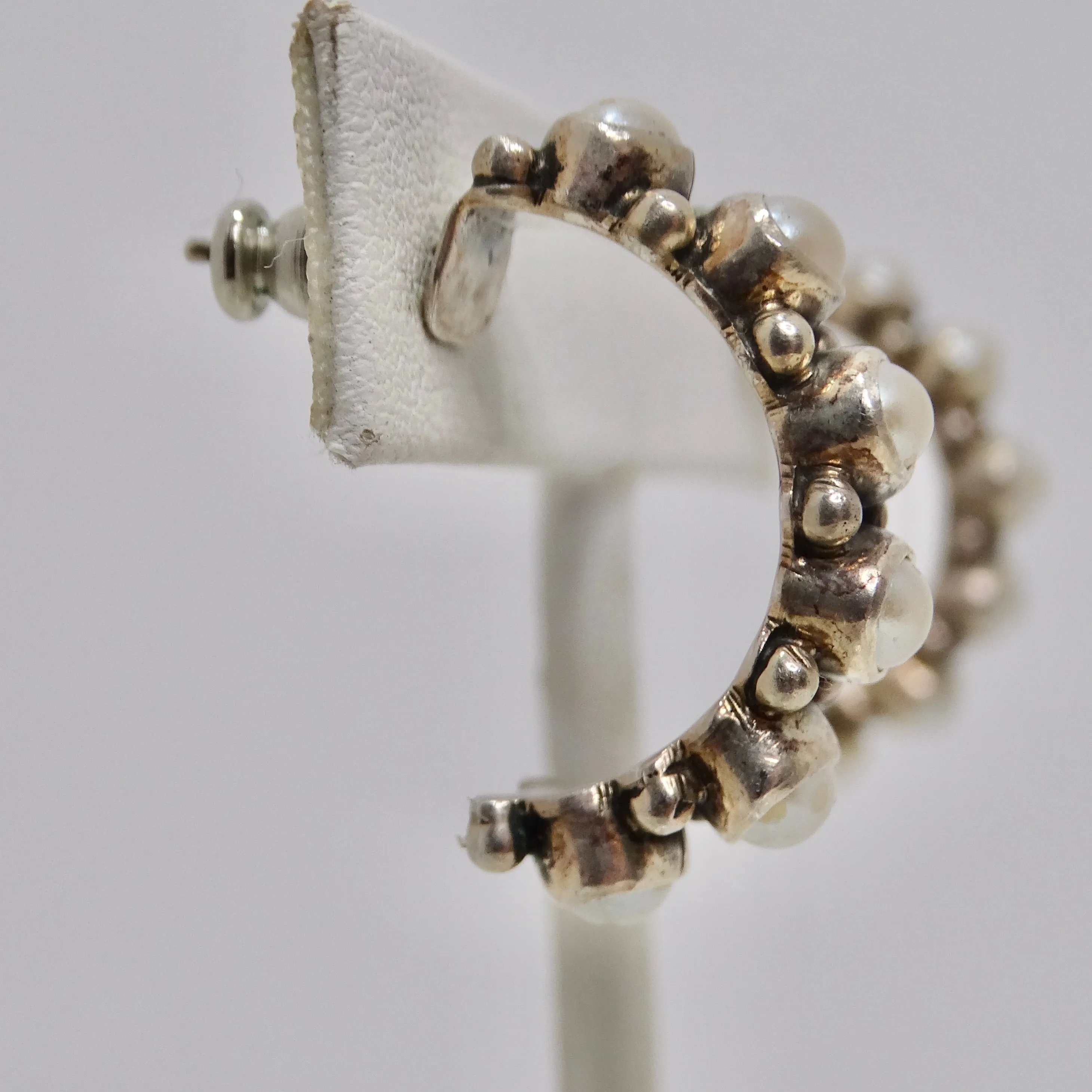1960s Sterling Silver Pearl Hoop Earrings