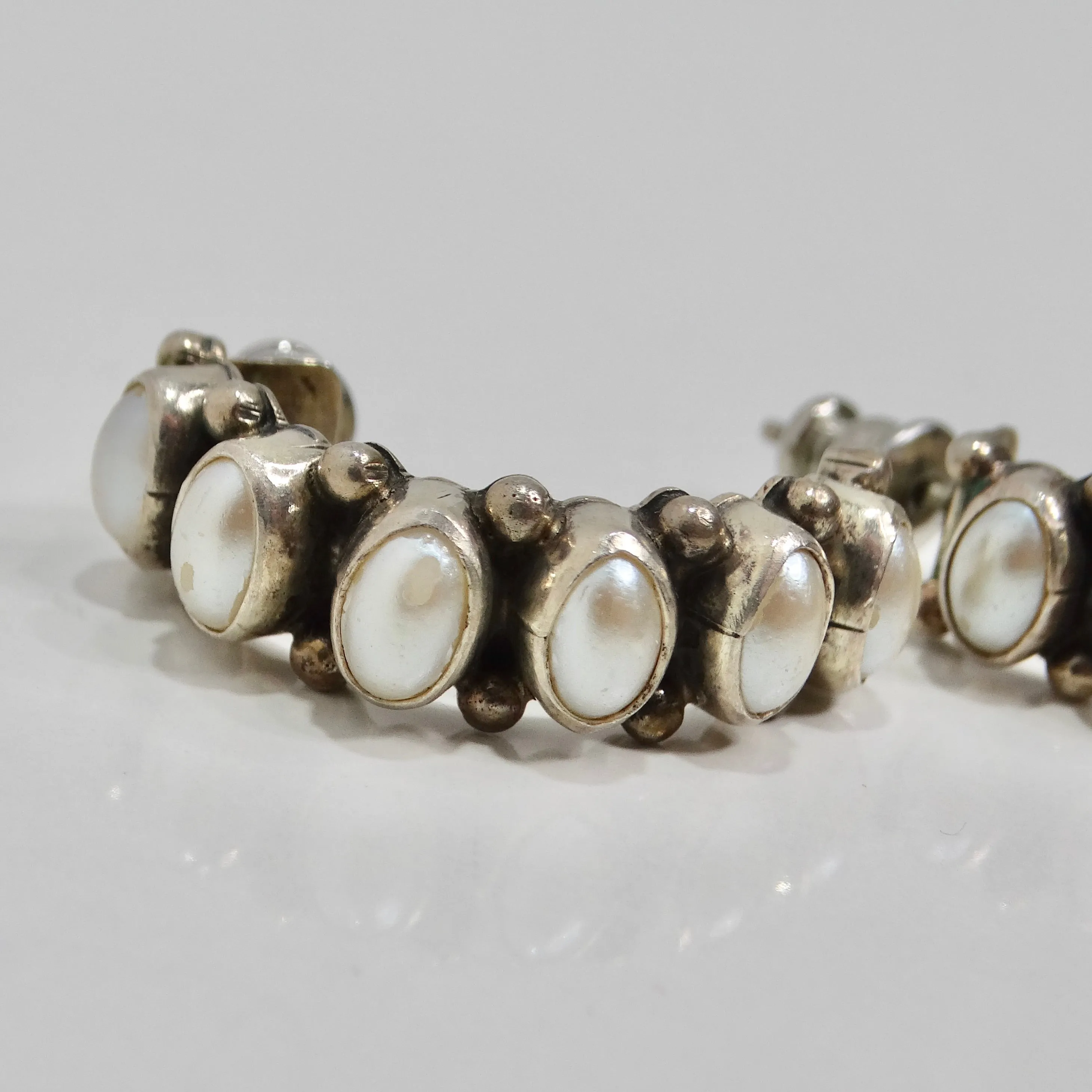 1960s Sterling Silver Pearl Hoop Earrings