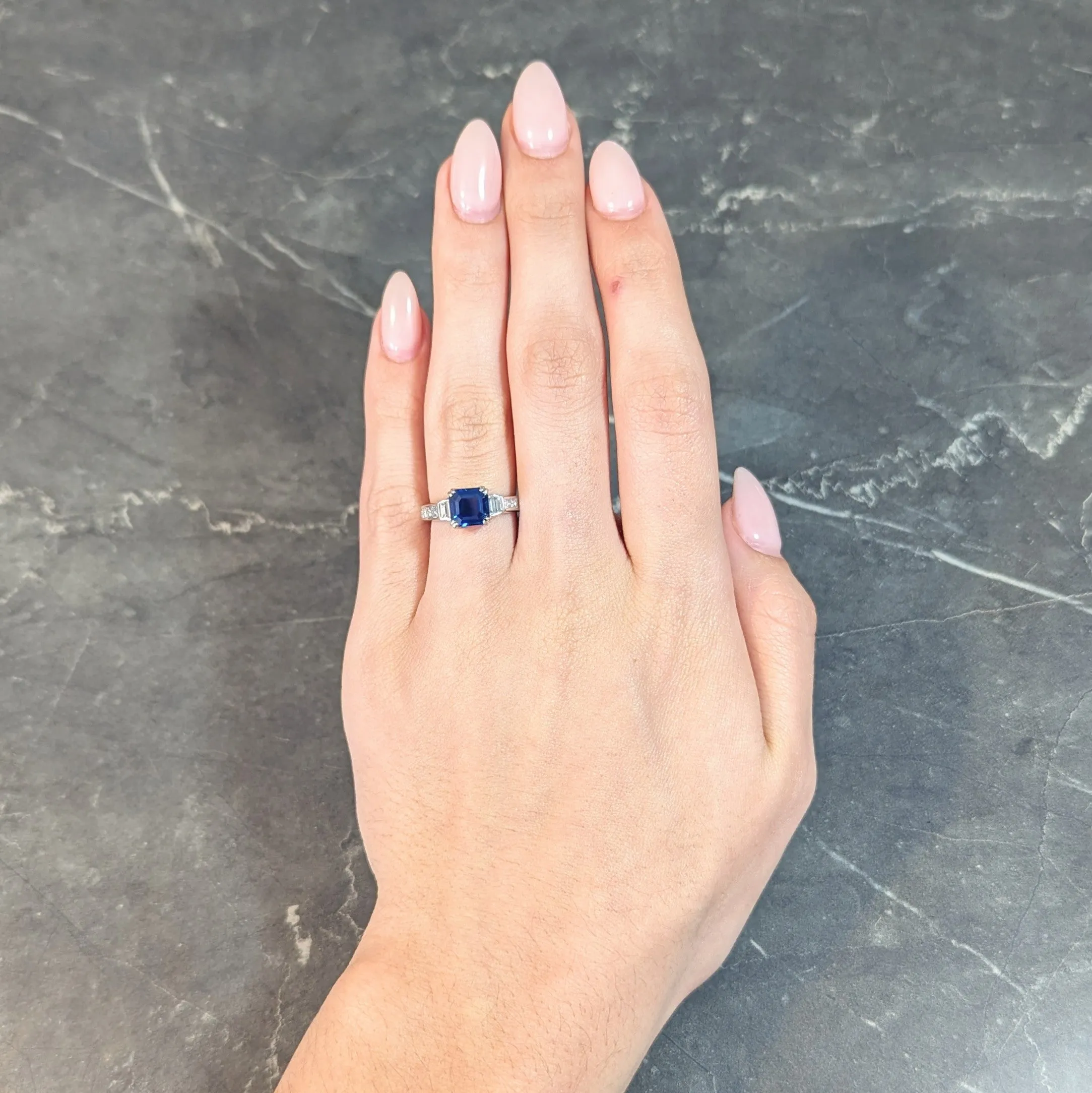 1990's 2.71 CTW Asscher Cut Sapphire Diamond 18 Karat White Gold Ring GIA