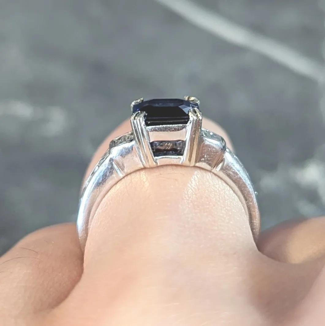 1990's 2.71 CTW Asscher Cut Sapphire Diamond 18 Karat White Gold Ring GIA